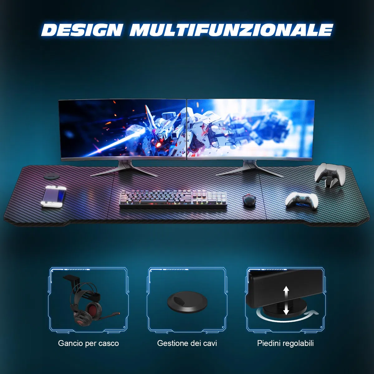 TRIUMPHKEY 120x60cm Scrivania Gaming/Tavolo Gaming - Piano in Carbonio Senza LED, Gambe a Z Ultra Resistente (100kg), con Gancio Cuffie, Design Moderno