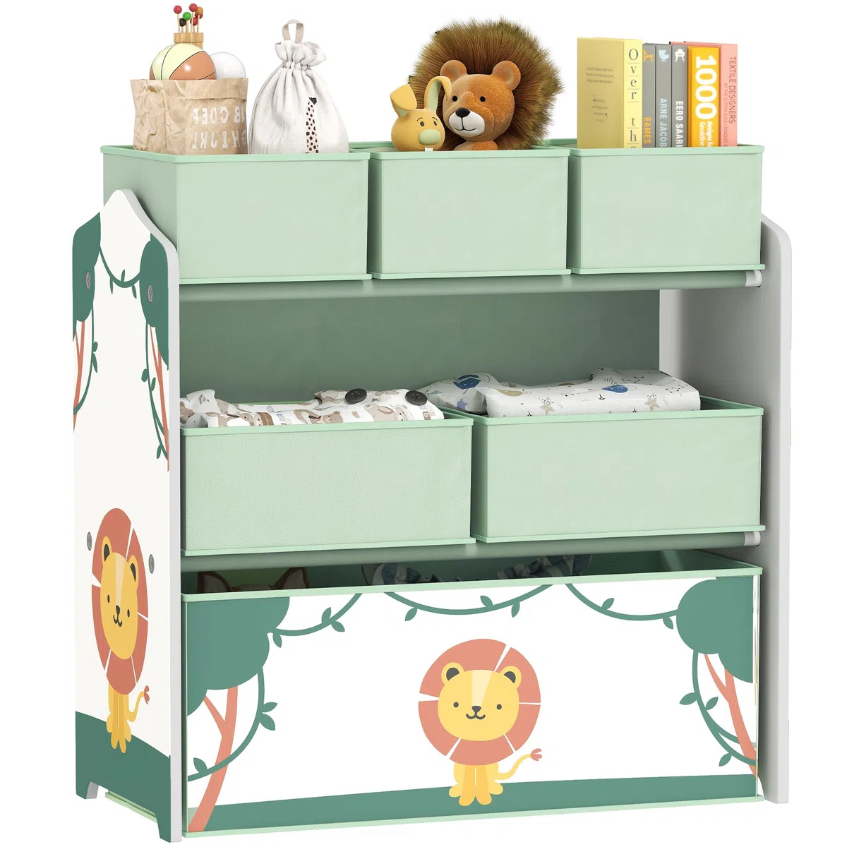 AIYAPLAY Mobile portaoggetti per bambini a 3 livelli, scaffale portaoggetti per giocattoli per bambini con 6 scatole in tessuto rimovibili, per cameretta dei bambini, sala giochi, asilo nido, verde