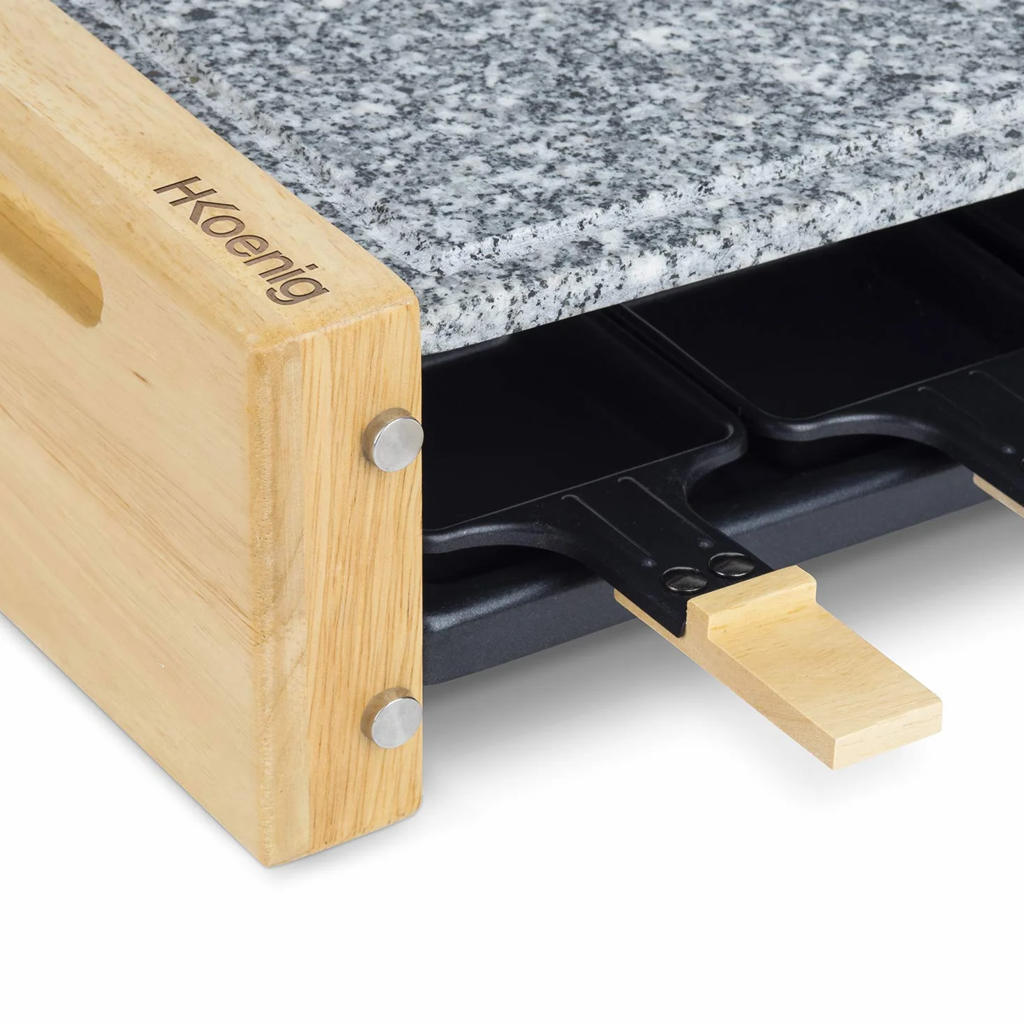 H.Koenig Apparecchio multifunzione per raclette 6 persone WOD6, Professionale, Raclette, Fonduta, Pietra di granito e legno naturale, Piastra rimovibile, 6 teglie e 6 spatole di legno, 900W