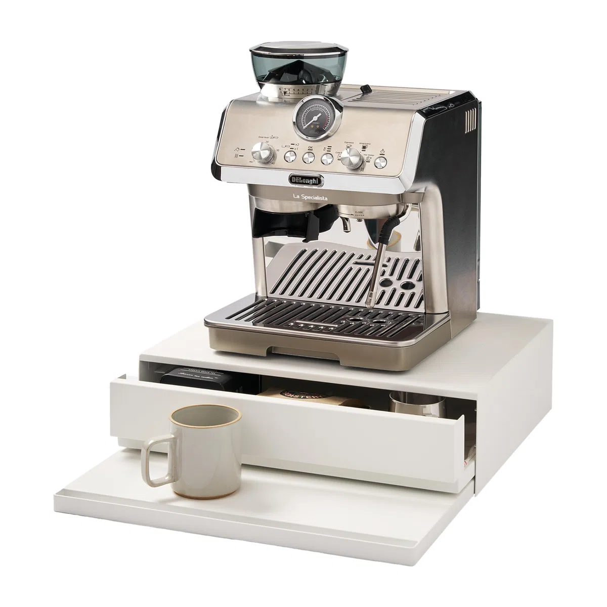 YAMAZAKI 2007 TOWER Sliding Countertop Tray with Drawer, white, Steel, 45 x 39.3-64 x 13.5 cm