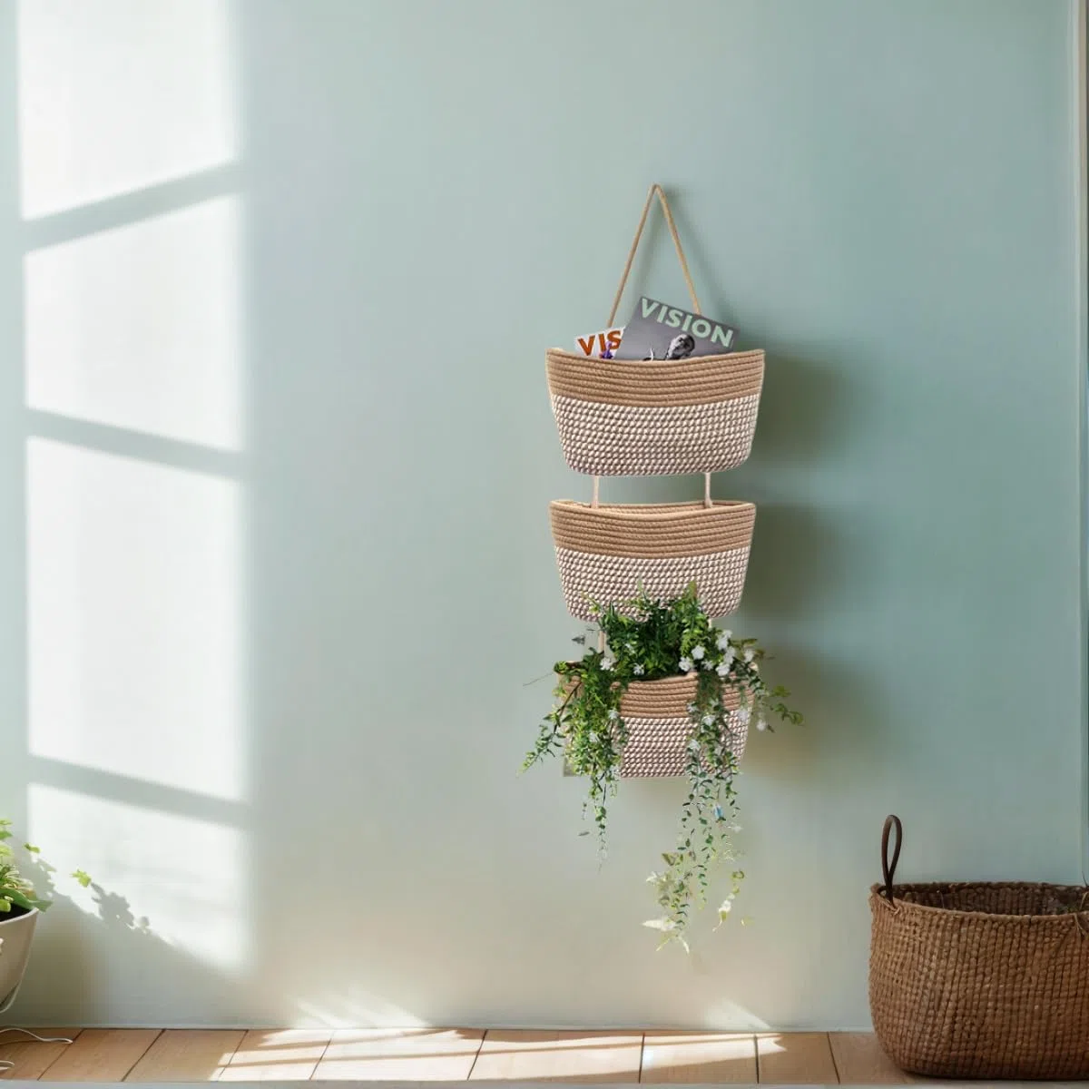 ililmmoeCesto appeso dietro la porta, cestino a 3 strati, corda di cotone, montato a parete， cestino da cucina decorativo, organizer per appendere il bagno, incluso1gancio (Strisce Di Lino)