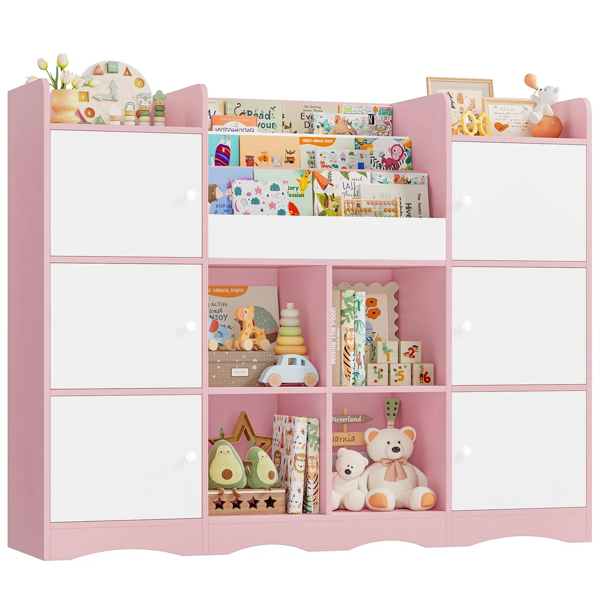 FOREHILL Organizer Giocattoli, Porta Giochi Bambini a 6 Scomparti con Ante, Mobile Porta Giochi a 4 Vani Portaoggetti Aperti, con Portariviste, per Cameretta e Sala Giochi, 140x30x106 cm (Rosa)