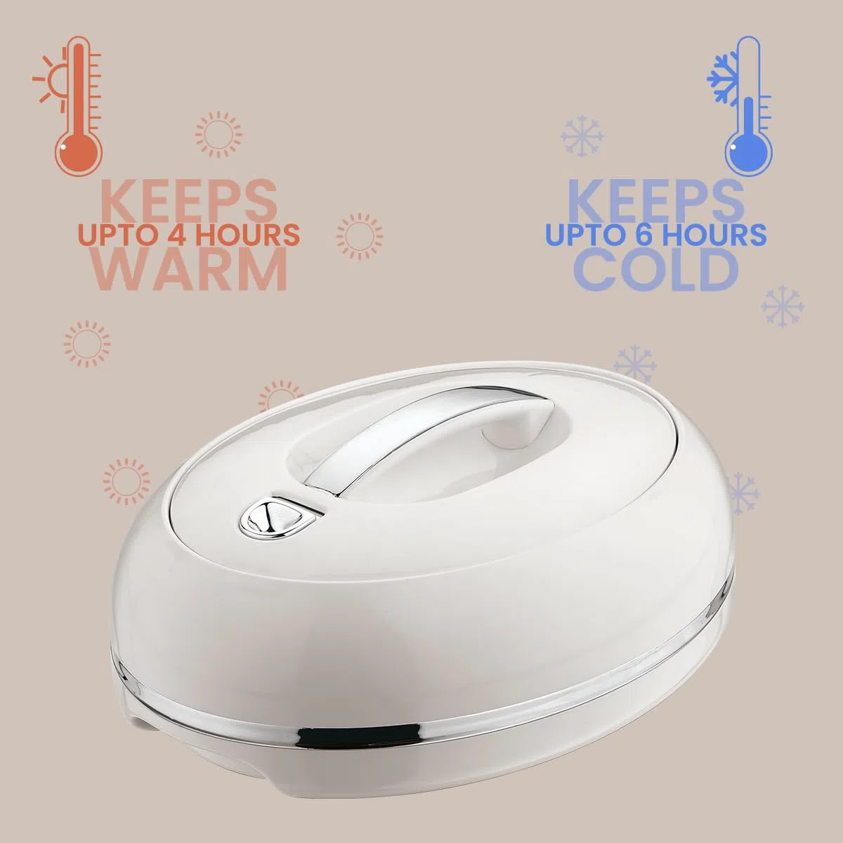 Elegante casseruola ovale isolata grande – coperchio aperto con una mano – 0,9 l – scaldavivande di lusso – ciotola termica per buffet/feste – contenitore per alimenti caldi in acciaio inox – argento