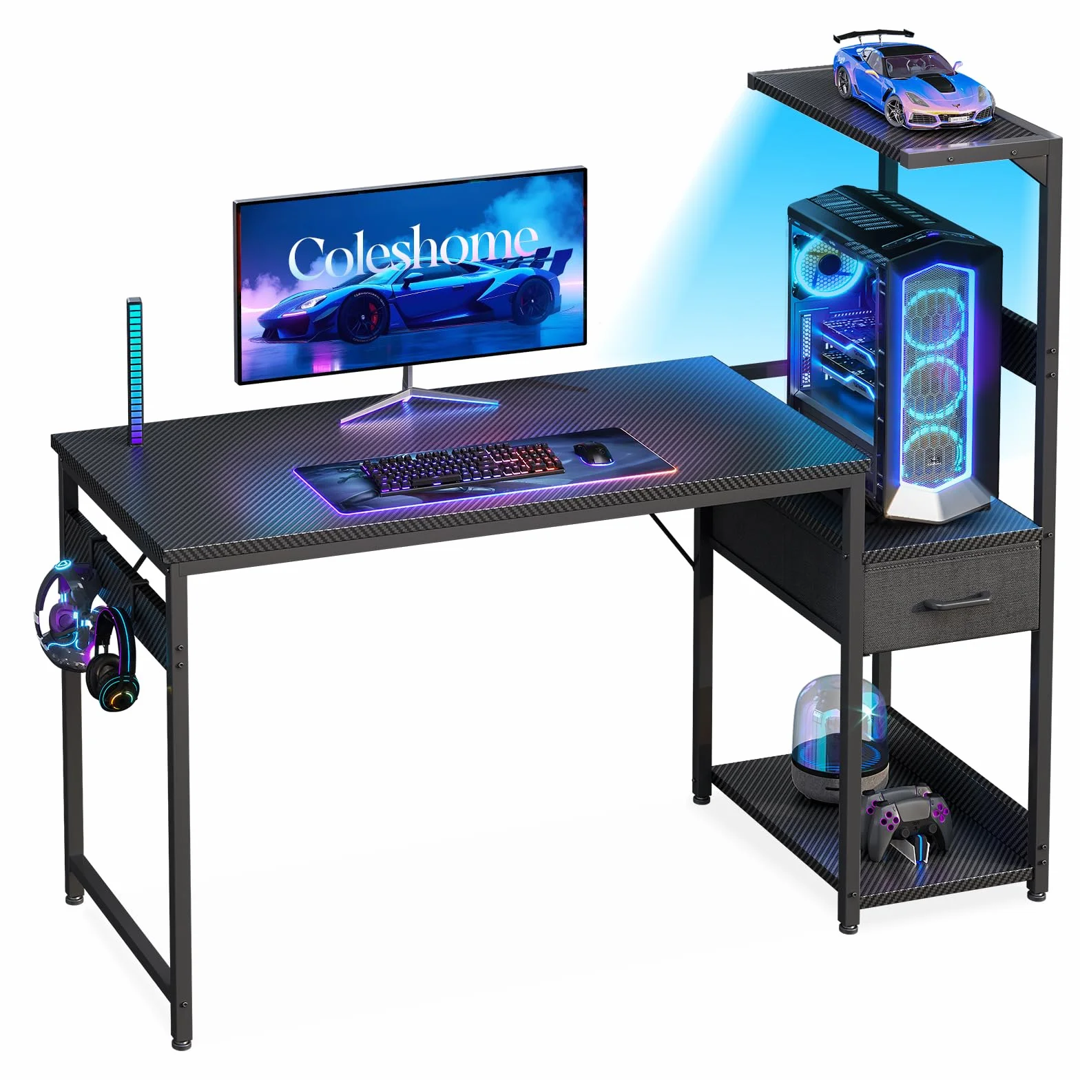 Coleshome Scrivania Gaming con Illuminazione LED, 120×48cm Tavolo Gaming con Cassetti e Libreria, Scrivania Computer Reversibile con Gancio per Cuffie, Nero Fibra di Carbonio