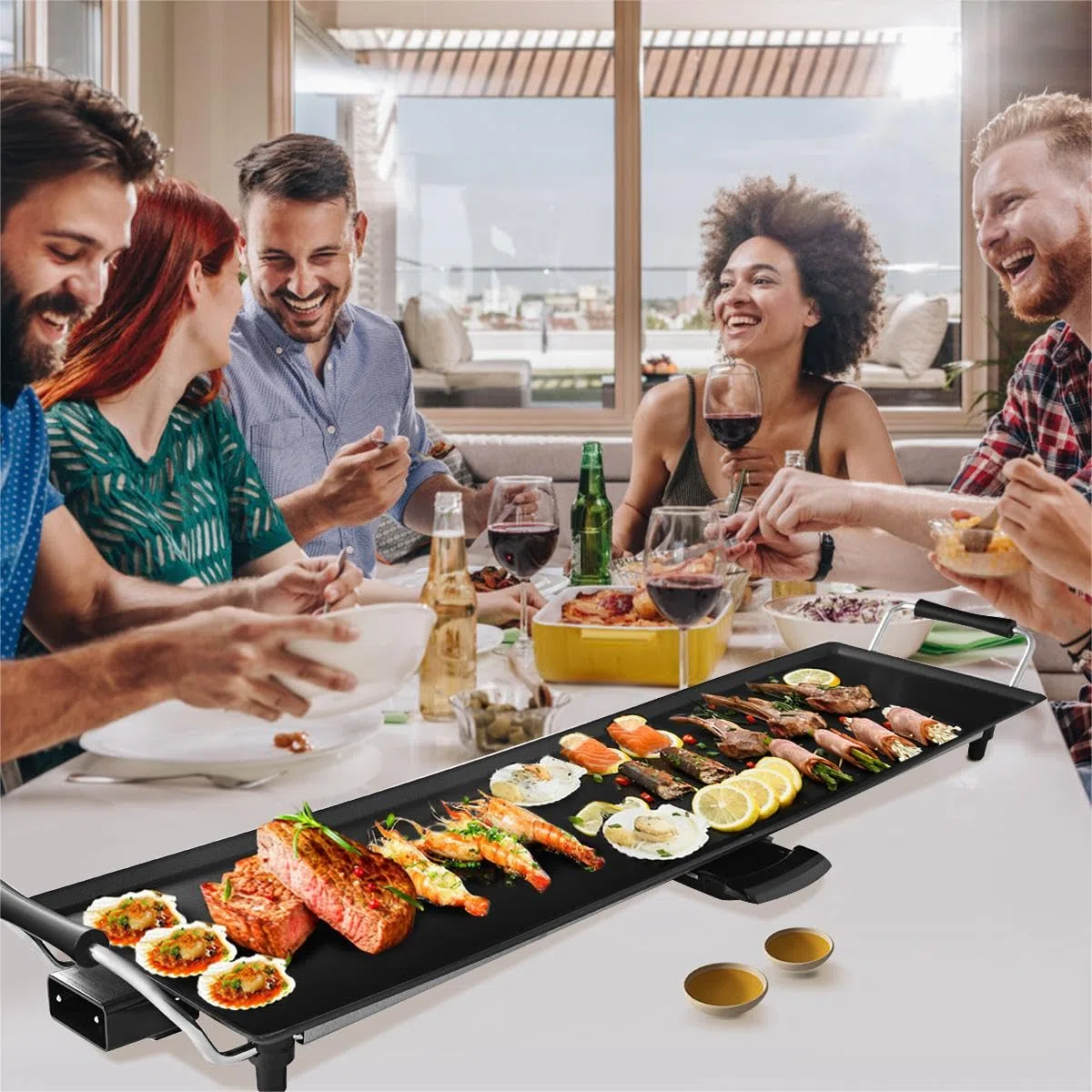 SOARS Piastra Elettrica 1800W, Barbecue Elettrico 5 Livelli di Temperatura, con Rivestimento Antiaderente, 6 Piccolo Supporto per Padella, per Cucinare, Grigliare (Piastra Liscia 90 X 23 CM)