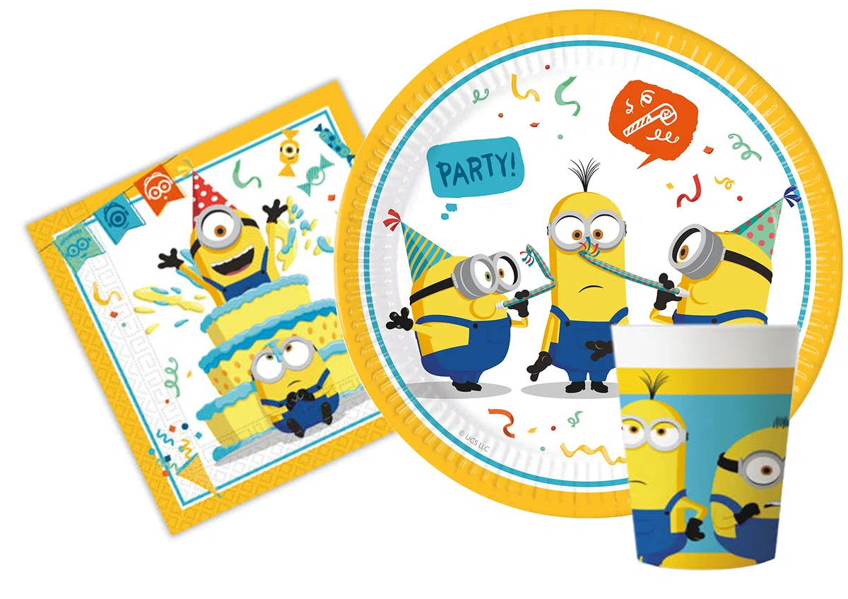 Kit Party Tavola Minions The Rise of Gru per 24 persone (88 pezzi: 24 piatti Ø23cm, 24 bicchieri 200ml, 40 tovaglioli 33x33cm)