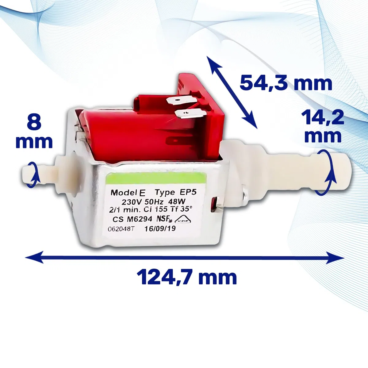 Pompa EP5 Acqua per Macchina da Caffe - 230/240V 50Hz 48W 15bar 2/1 on-off - Portata 650cc/min - 5132106900 per DeLonghi 481236018581 per Whirlpool - Garanzia di 10 Anni - MONTERAL