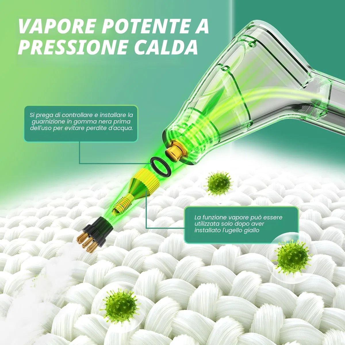 Pulitore a Vapore 2500W con Pulsante Touch Regolabile, Serbatoio Dell'acqua da 1200ml, 4 Accessori in 6 Velocità Regolabili, Pulitore a Vapore Portatile Riscaldamento Rapido da 15 Secondi per Cucina