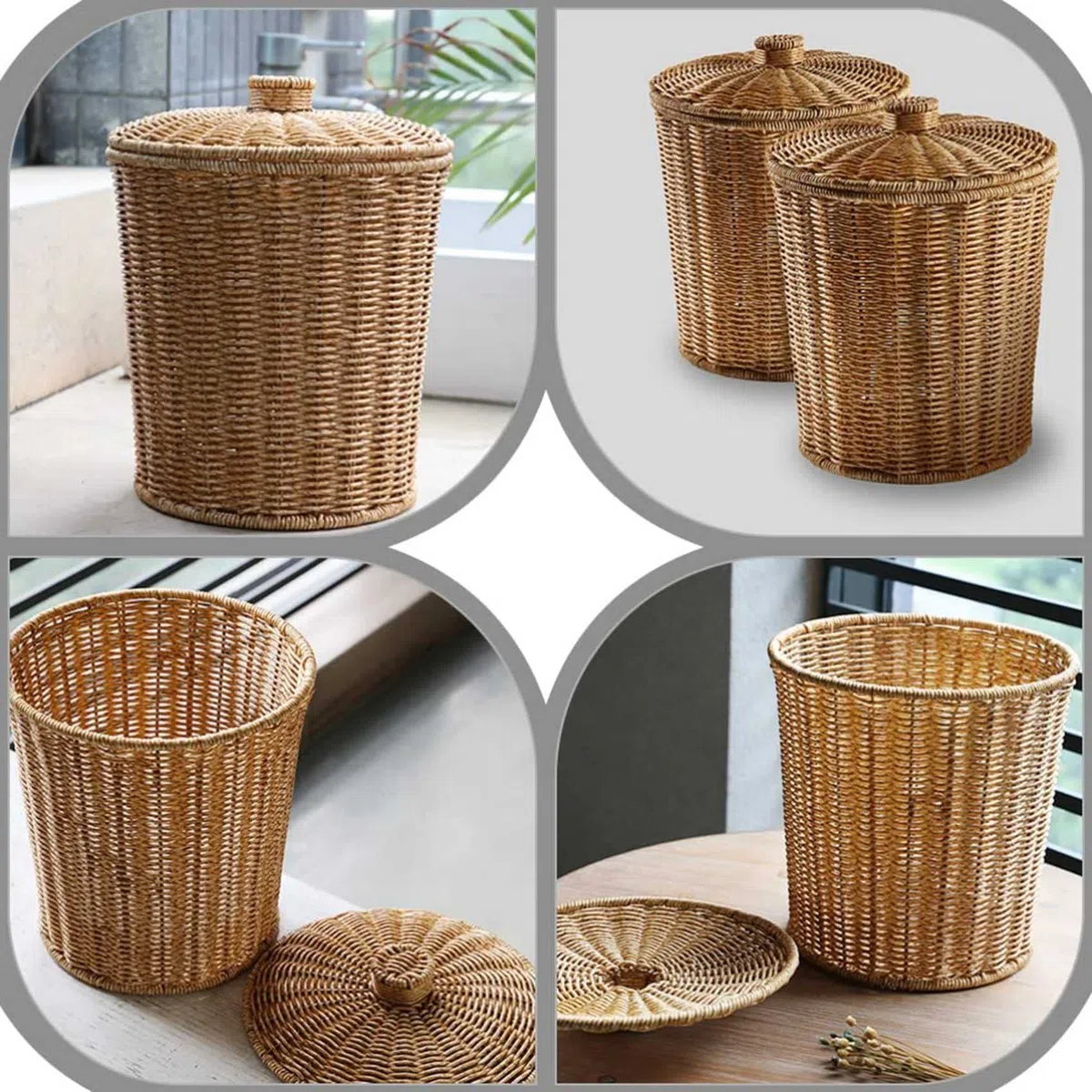 Cestino Intrecciato Cestino della Spazzatura Rotondo nel Rattan con Coperchio Cestini Portaoggetti Intrecciati Cestino della Spazzatura nel Vimini Cestino della Spazzatura