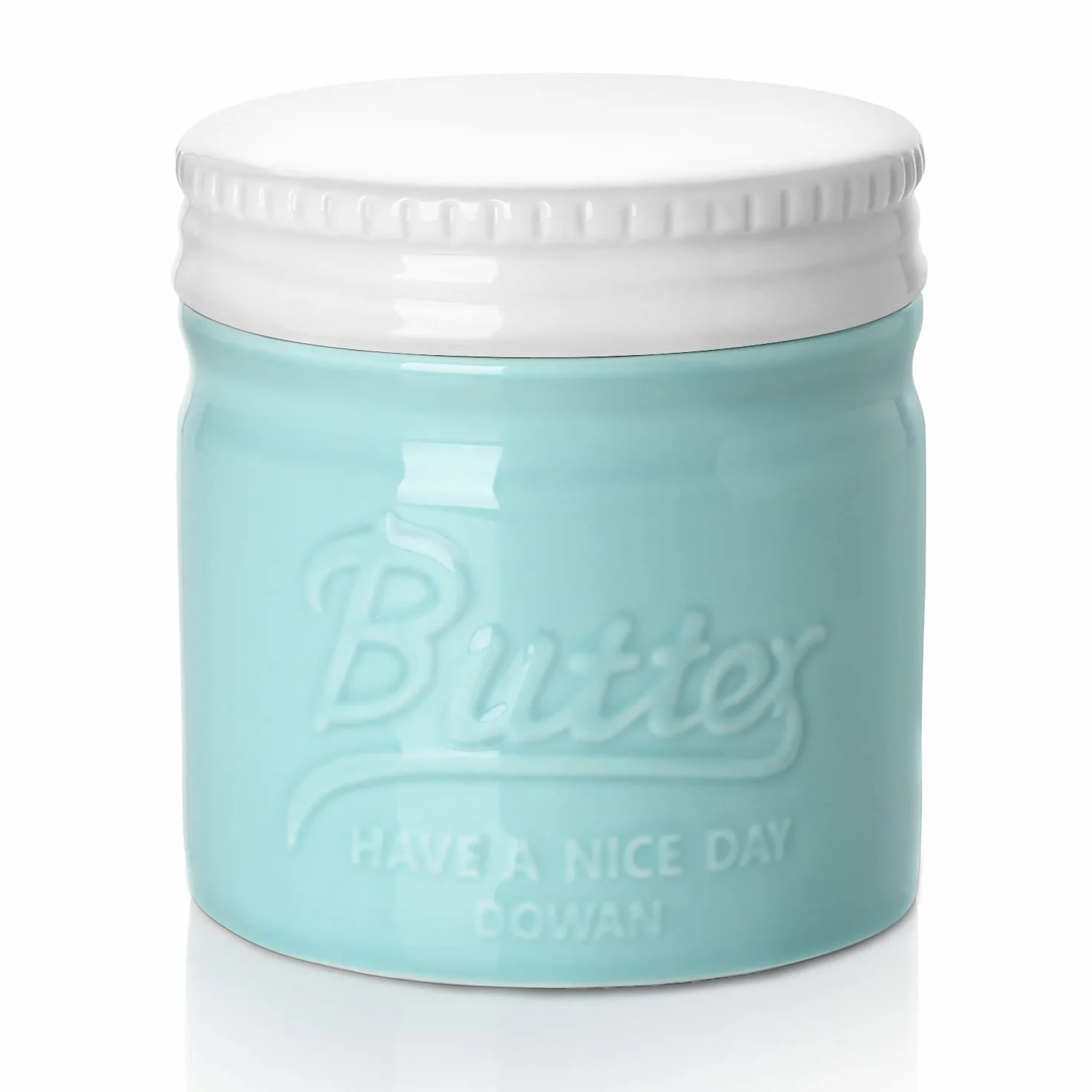 DOWAN Burriera in Porcellana, Portaburro in Porcellana, Burriera Stile Barattolo di Vetro con Coperchio e Acqua, Morbido e Distribuibile, Gadget da Cucina, Blu