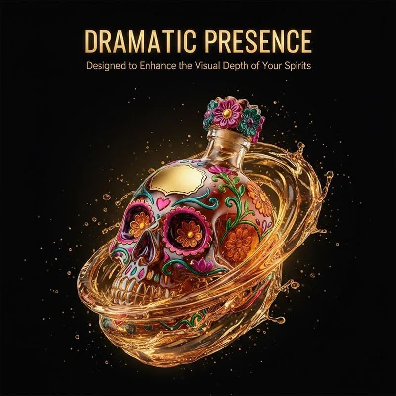 Bottiglia decanter a forma di teschio gotico 2026, decorativa in edizione limitata, dipinta in vetro dipinto, per liquori, decanter vuoto per whisky, creativo con design floreale per feste di