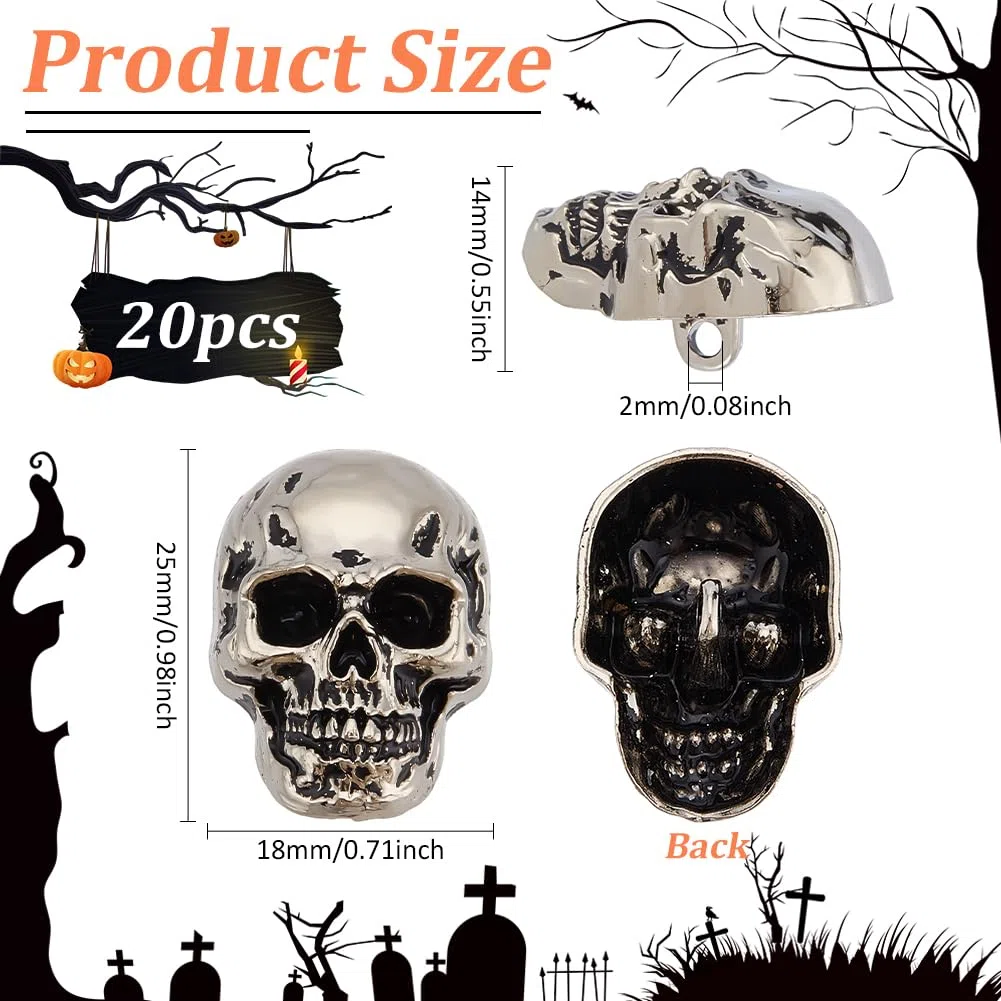 PH PandaHall 20pz Bottone A Forma di Teschio Bottone con Gambo A Forma di Scheletro Bottoni In Lega Bottoni Da Cucire per Abbigliamento Borse Cappelli Spille Artigianato, Argento Antico