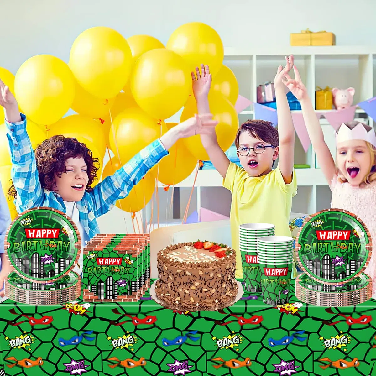 61 pezzi Set di stoviglie per feste di compleanno per bambini Green Turtle, festa di compleanno per bambini Superhero Turtle Shell, tazze, piatti, tovaglioli, tovaglia, adatto per 20 ospiti