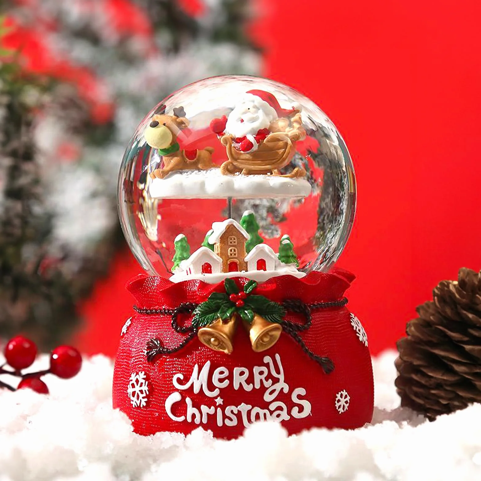 Palla di Neve Natalizia con Babbo Natale e Renne, Palla di Neve con Carillon e Luci, Palle di Neve Natalizie, Palla di Natale con Neve, Regali di Natale per Bambini, Ø 8,5 * 13.5cm