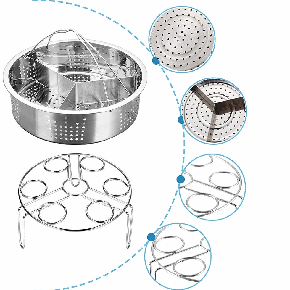 Set Cestelli Vapore, 3 Pezzi Accessori Pentola Pressione, Include Cestello Cottura Vapore, Cestello Cottura Vapore Uova, Divisore, per Pentola a Pressione Istantanea da 5,6,8 Qt 4/5/6 Litri