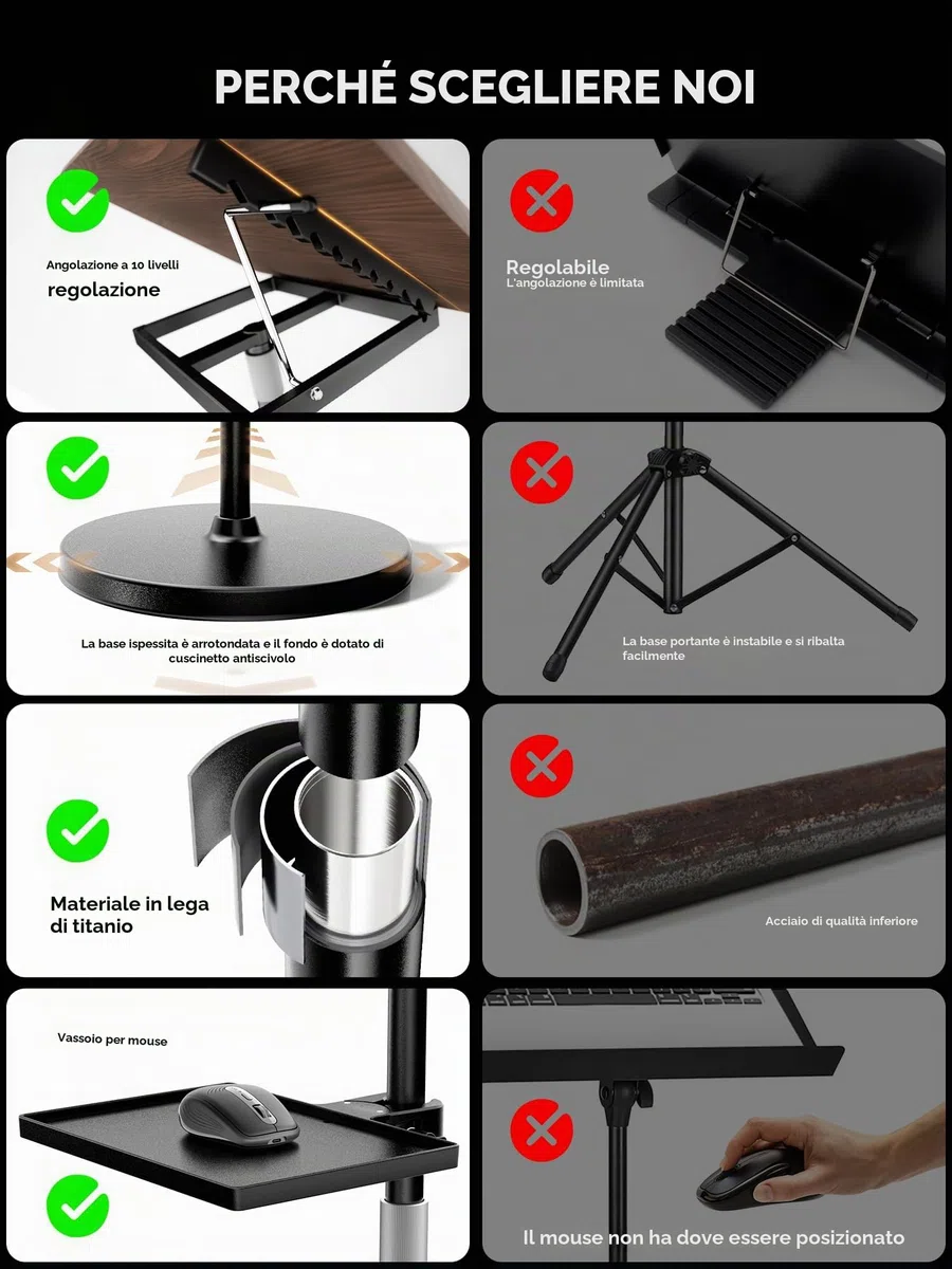 [2 in 1 Staccabile] Supporto PC Portatile Altezza Regolabile 60-130 cm, Tavolino Portatile Standing Desk per Supporto Proiettore, Leggio Musicale, Leggio per Libri - nero
