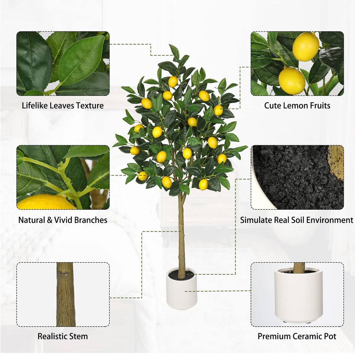 Oairse Piante artificiali, albero di limone, 120 cm, pianta artificiale, decorazione per interni, pianta d'arte come vera in vaso per decorazione da tavolo, ufficio, bagno, camera da letto, soggiorno