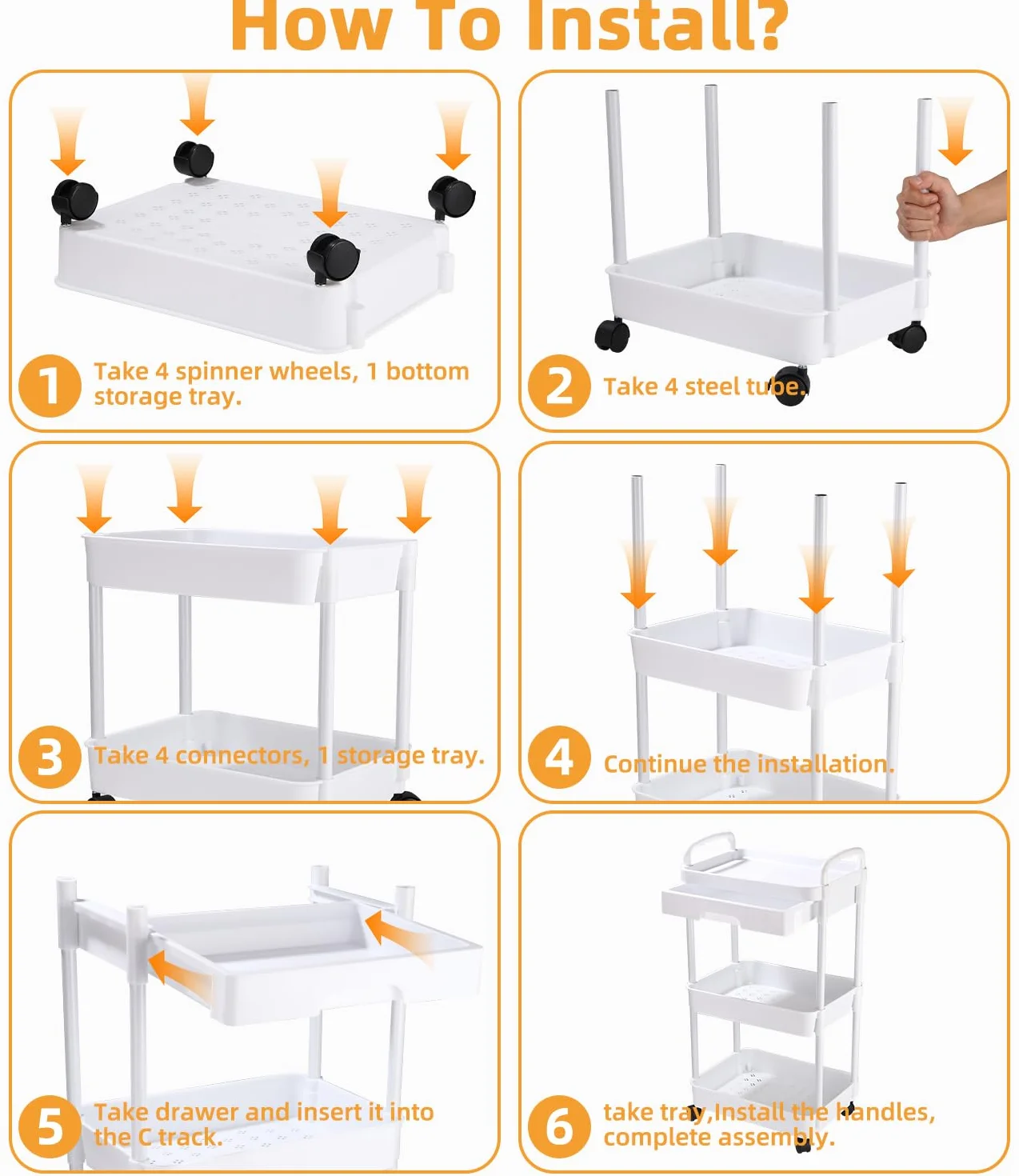 Carrello con Ruote Portatutto Cucina con Cassetto, Carrello Portaoggetti Multifunzionale con Maniglia, Gancio, Ruote Bloccabili, Carrellino per auto di Facile Montaggio per Bagno, Bianco