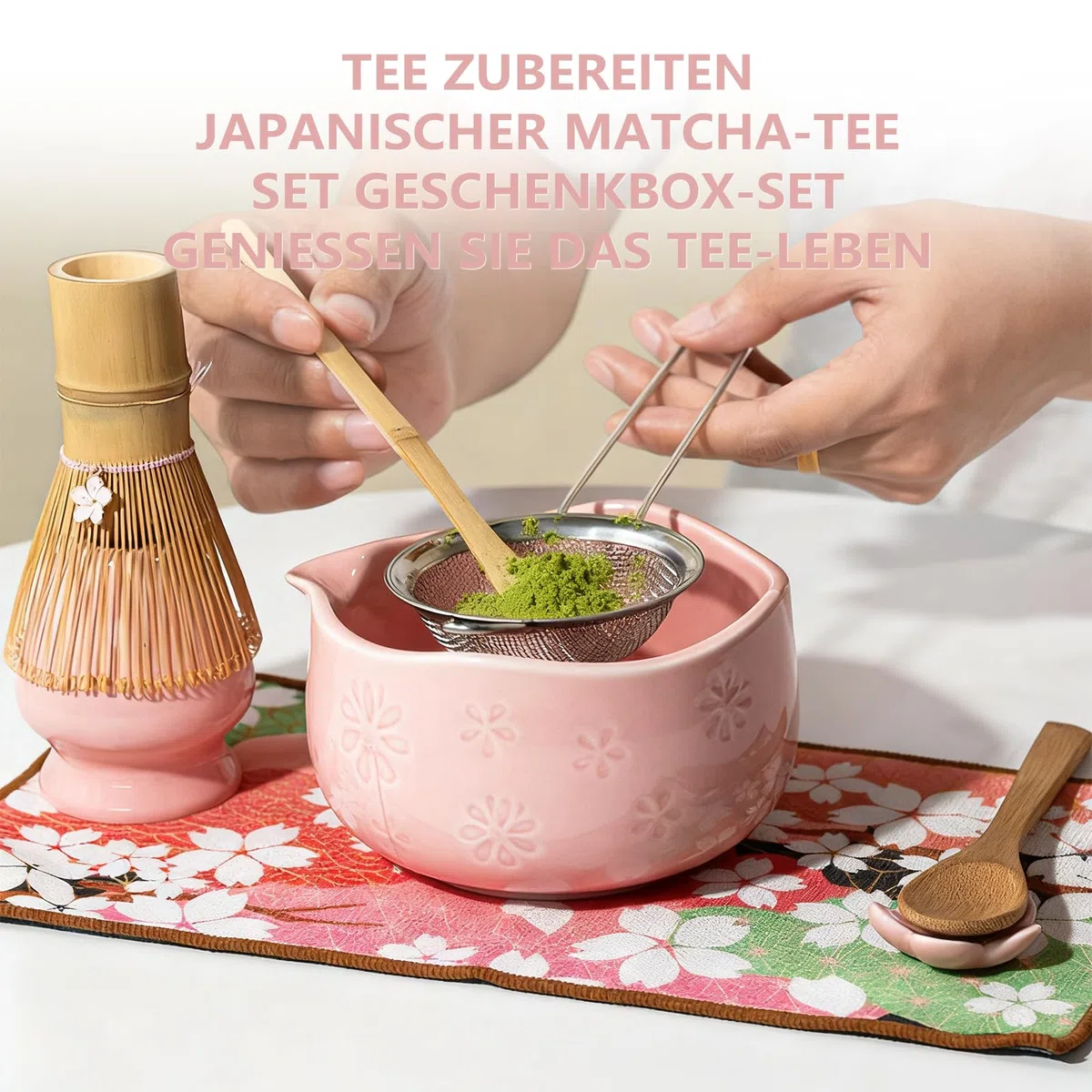 Matcha Set di 8 pezzi Macha Tea con scopa, filtro filtro, ciotola, cucchiaio, tappetino per asciugamano da tè, set regalo per la preparazione tradizionale matcha (verde) (rosa)