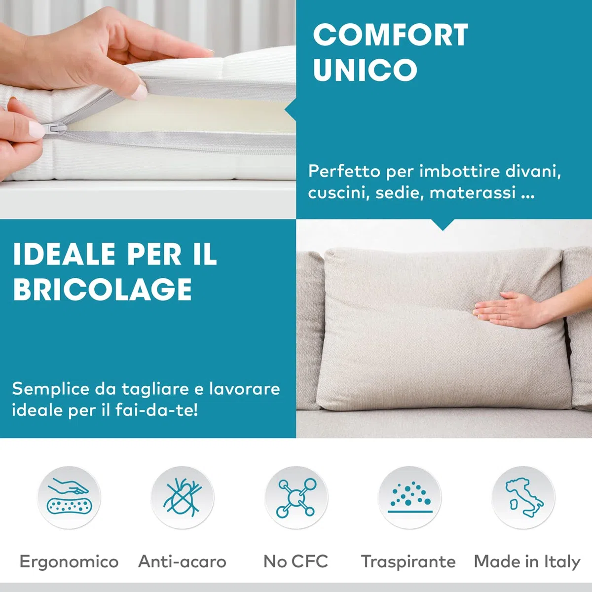 Deshome - Imbottitura Memory foam al metro per divani, cuscini, materassi, sedie, Alta densità 35 Spessore 1,8 cm - Made in Italy indeformabile, antiacaro, anallergica