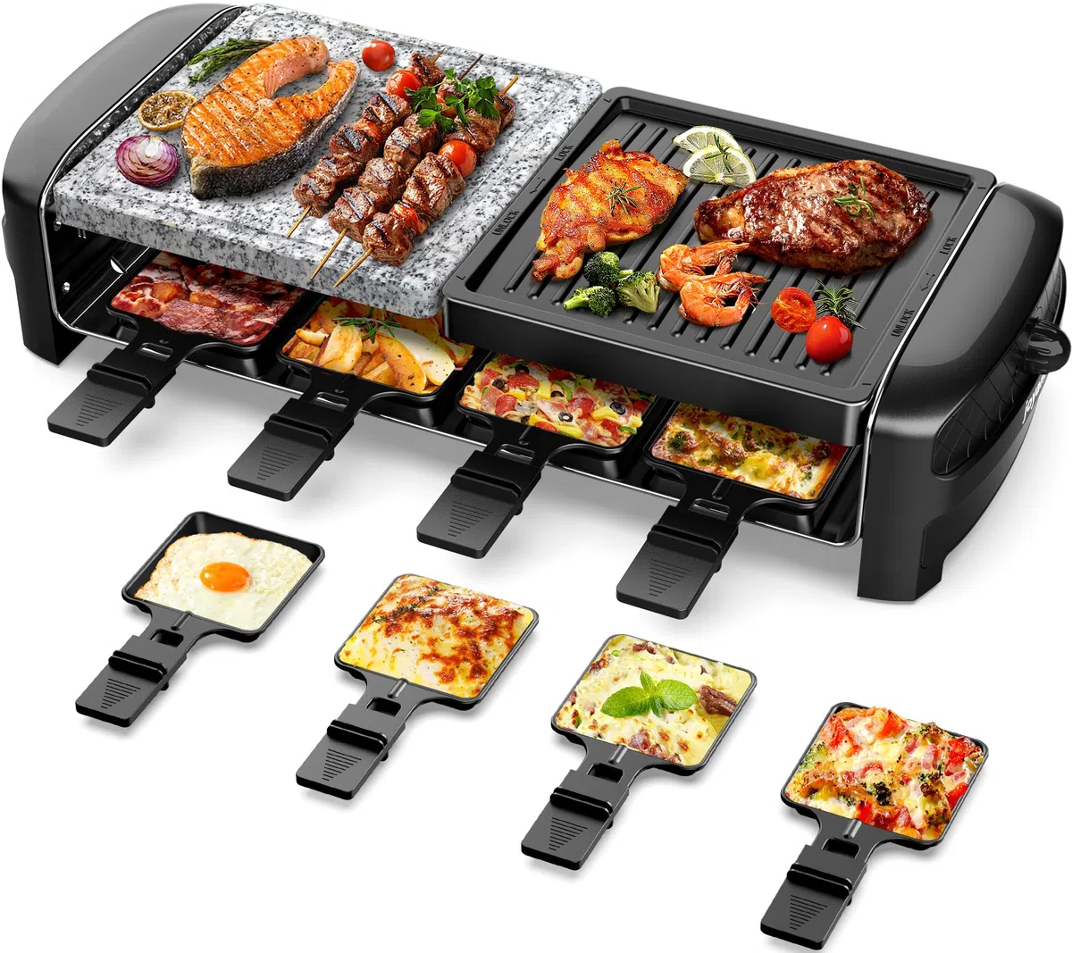 Griglia Elettrica JOYAMI Raclette da Tavolo con Pietra Naturale e Piastra Grill, Raclette con Piastra Antiaderente e 8 Pentolini,Griglia Elettrica per Grigliate Gratinati, Acciaio Inossidabile, 1400 W