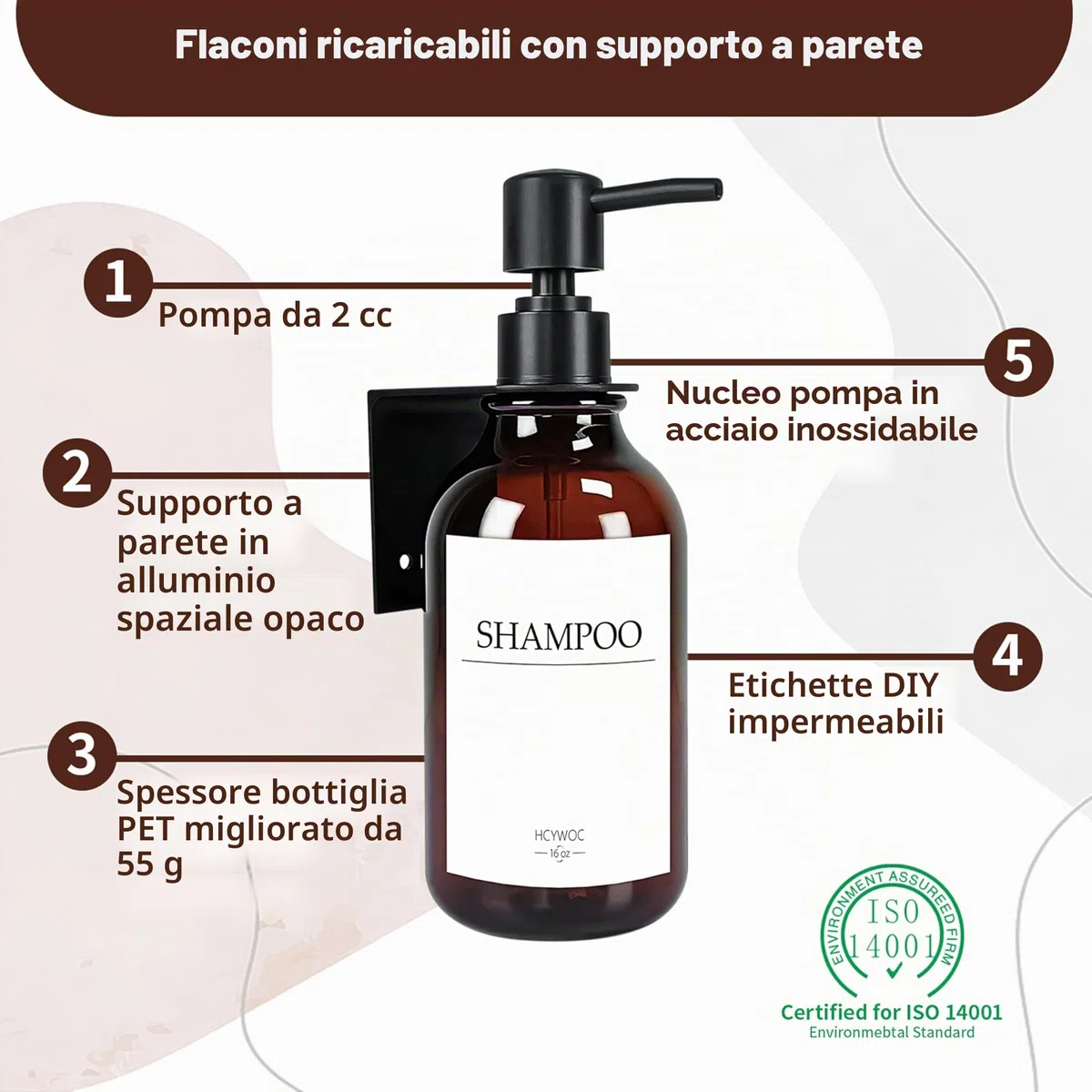 3 Pezzi Dispenser Sapone Bagno a Muro, 500ml Dispenser Sapone Senza Foratura, Con 16 Etichette Impermeabili, Per Bagno Cucina Shampoo Balsamo Bagnoschiuma - Ambra