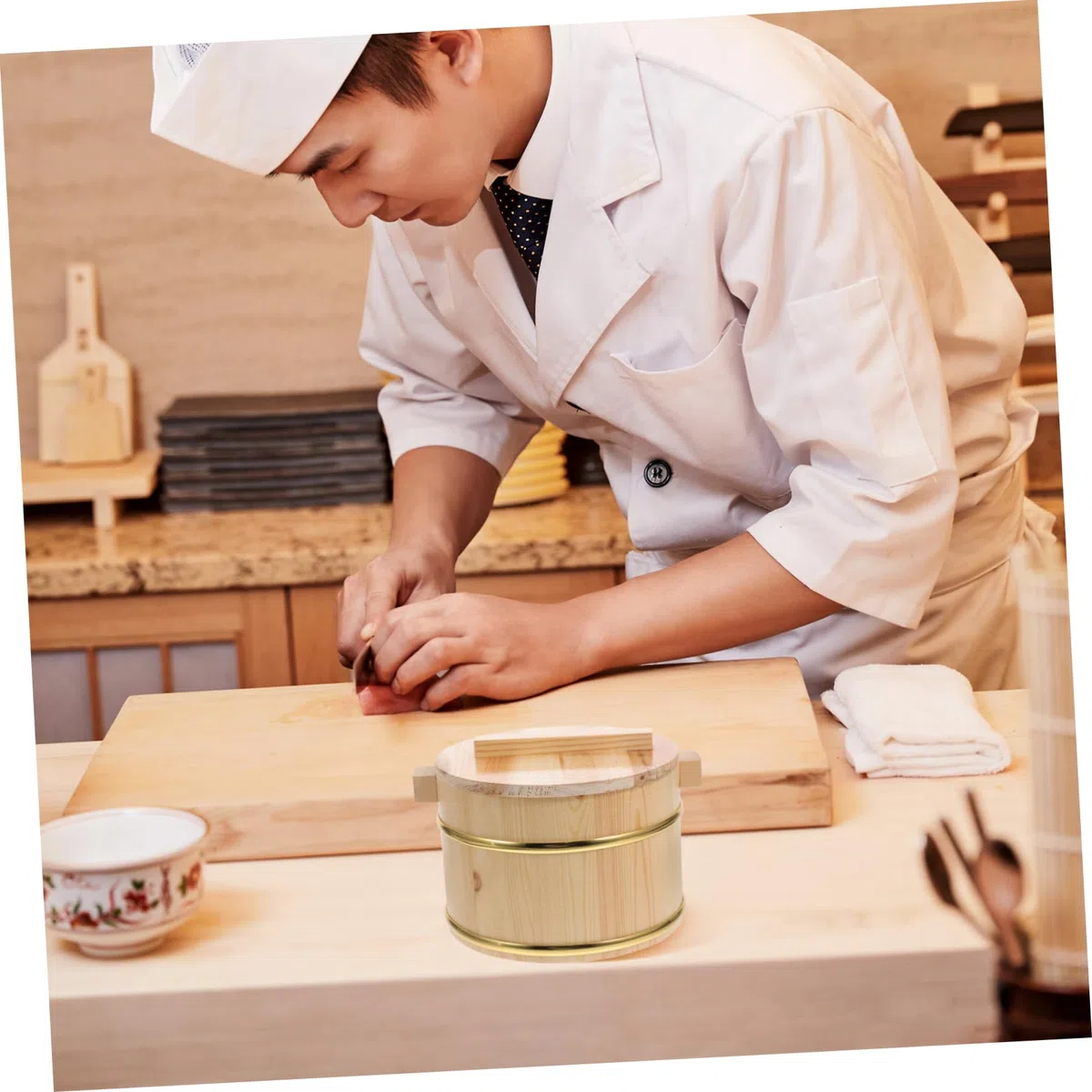Alipis Secchio per Riso in Legno Coperchio per Sushi Contenitore Rotondo per Conservazione Alimentare in Cucina per Barbecue e Servizio