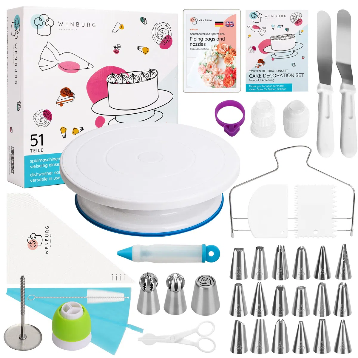 Wenburg, set di accessori per torte - Piatto girevole per torte - Set da forno con molti accessori per la decorazione delle torte. Set con piatto girevole e beccucci (Delight)