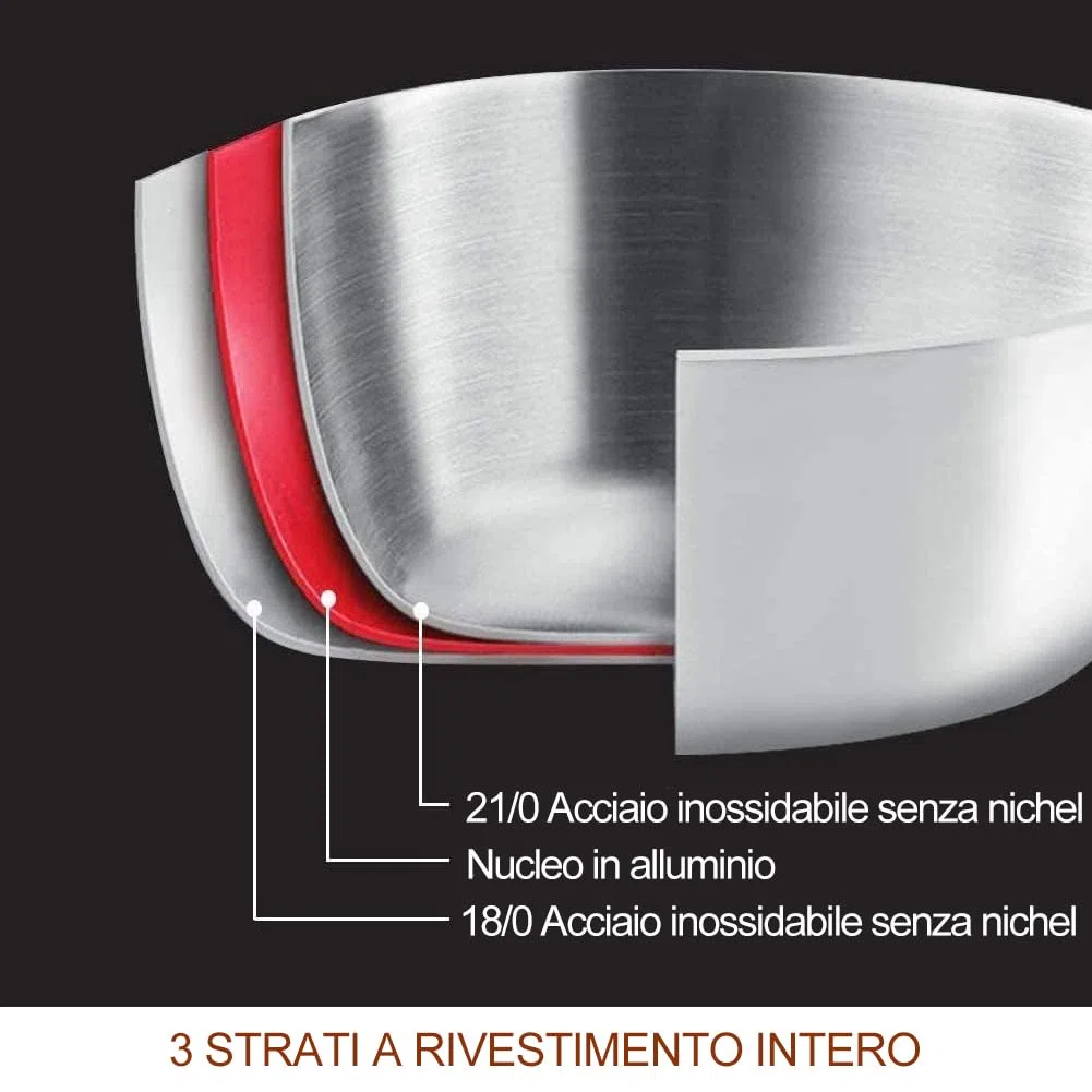 HOMICHEF 14 pezzi set di pentole in acciaio inox senza nichel, rivestito in 3 strati - Set di pentole e padelle lucidate a specchio - Pentole salutari con vaporiera - Pentole a induzione atossiche