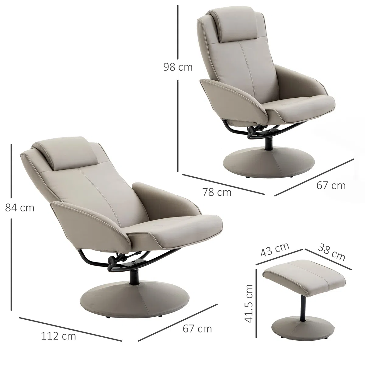 HOMCOM Poltrona Relax Reclinabile con Pouf Poggiapiedi Abbinato e Rivestimento in Finta pelle, 71x78x101cm, Grigia