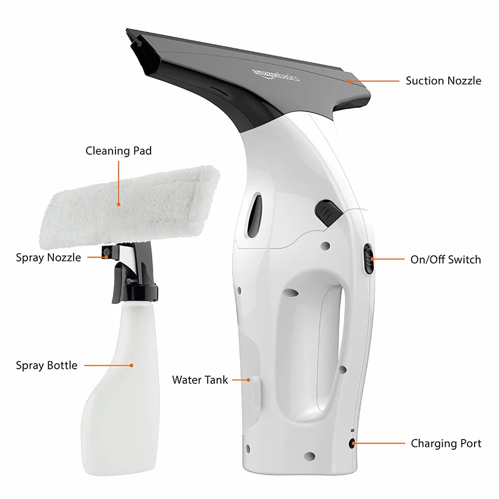 Amazon Basics Setdi aspiratore per finestra con batteria al litioricaricabile specchi e vetri della doccia presa europea,britannica,americana e giapponese inclusa,2unità,12.6 x 27.99 x 33.81 cm,Bianco