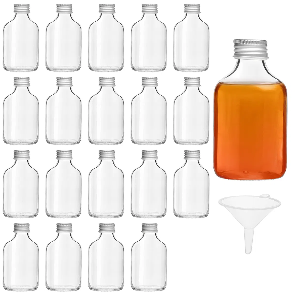 BELLE VOUS Bottigliette Vetro 50 ml Tappi a Vite Argentati e Imbuto (20pz) - Bottigliette Vetro per Liquori - Bottiglie Mignon Feste e Bottiglie Bomboniere per Alcol, Grappa, Whisky, Shots e Liquori