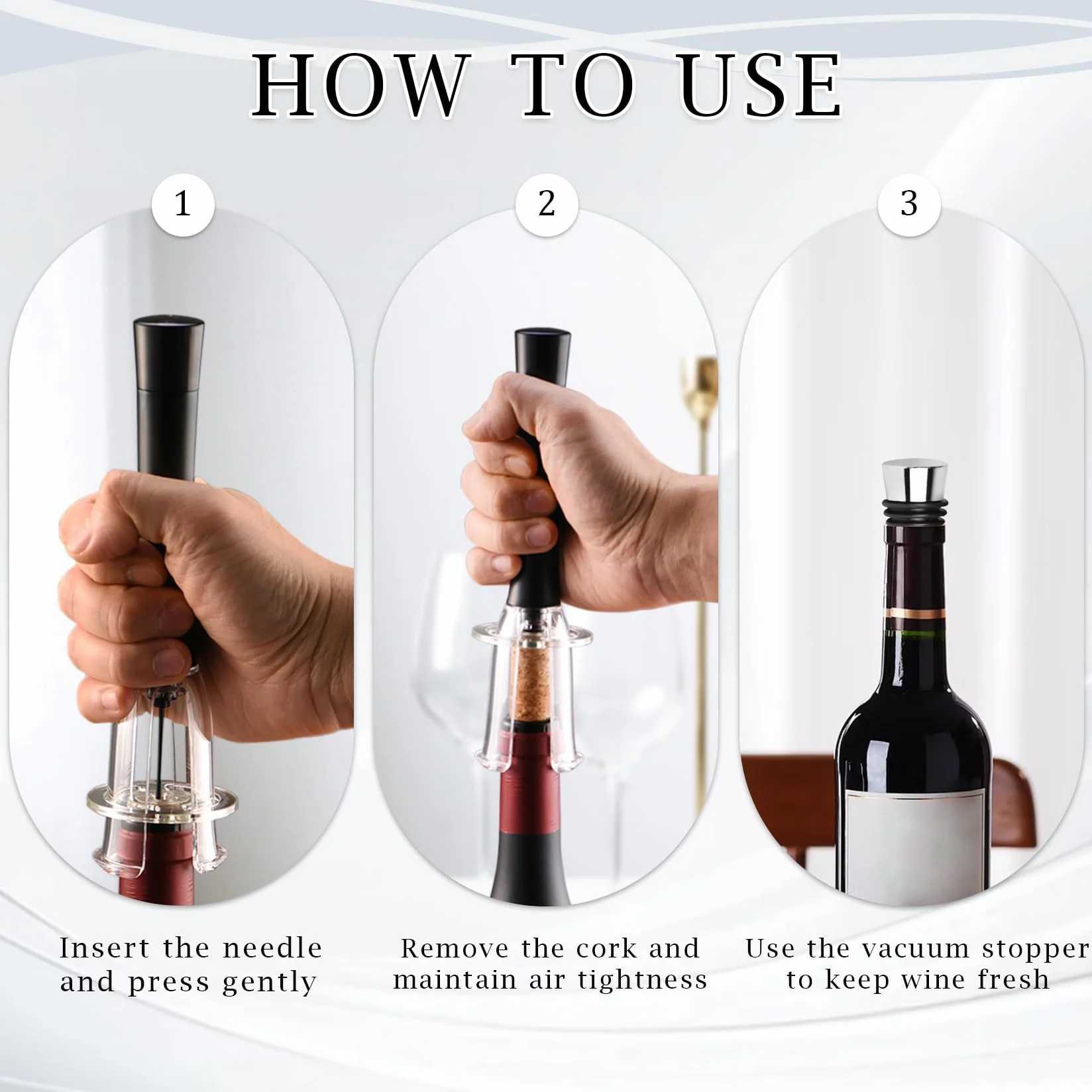 Cavatappi Vino Pressione Aria con 2 Tappi Bottiglie Riutilizzabili, Apribottiglie a Pompa Rapido e Facile da Usare, Professionale Accessori Vino per Casa, Raduni e Regalo