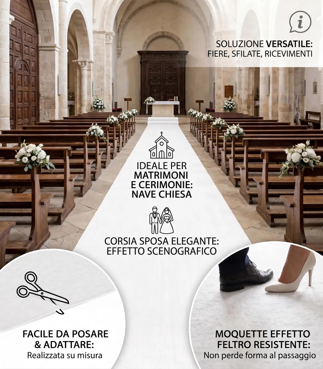 Passatoia Bianca Antiscivolo da Cerimonia, Tappeto Runner per Matrimoni, Chiesa, Eventi, Fiere, Ricevimenti, Allestimenti, Sfilate, Moquette Tessuto Resistente, Facile da Posare, Larghezza 1 o 2 metri