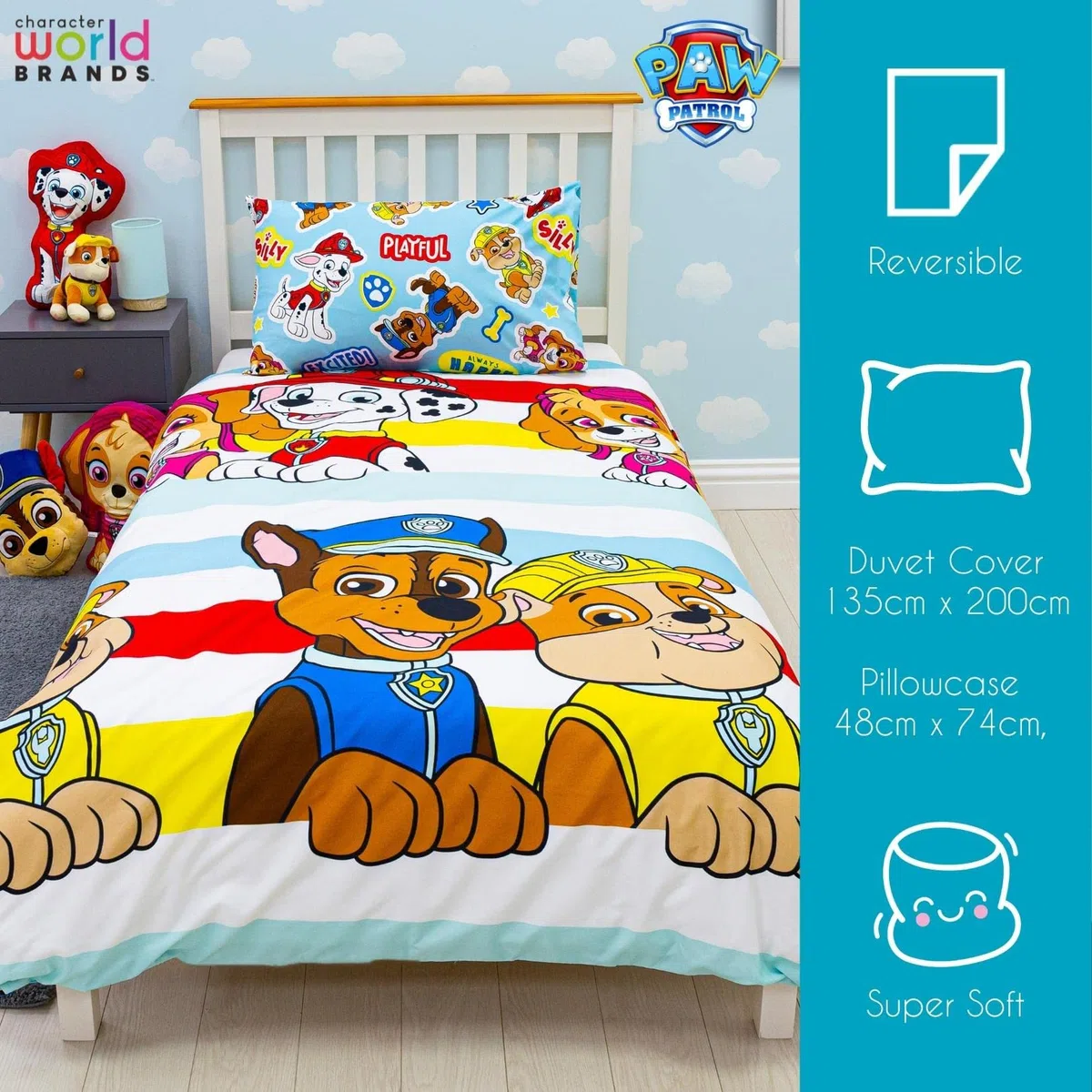 Paw Patrol Set copripiumino singolo per bambini, reversibile, double-face, con federa coordinata, con personaggi del mondo dei personaggi
