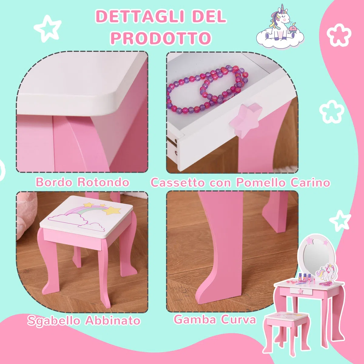 HOMCOM Specchiera Giocattolo Toeletta con Cassetto e Sgabello in Legno, Giochi per Bambine 3-6 Anni Rosa e Bianco