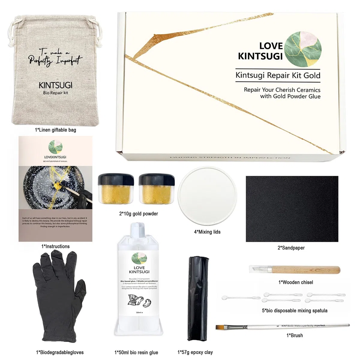 Bio Kintsugi Kit - Kintsugi Set di Riparazione per Tazza, Statua, Ceramica Sicuro per Alimenti e Lavabile in Lavastoviglie, per Principianti, Kit per Kintsugi di Arte Giapponese