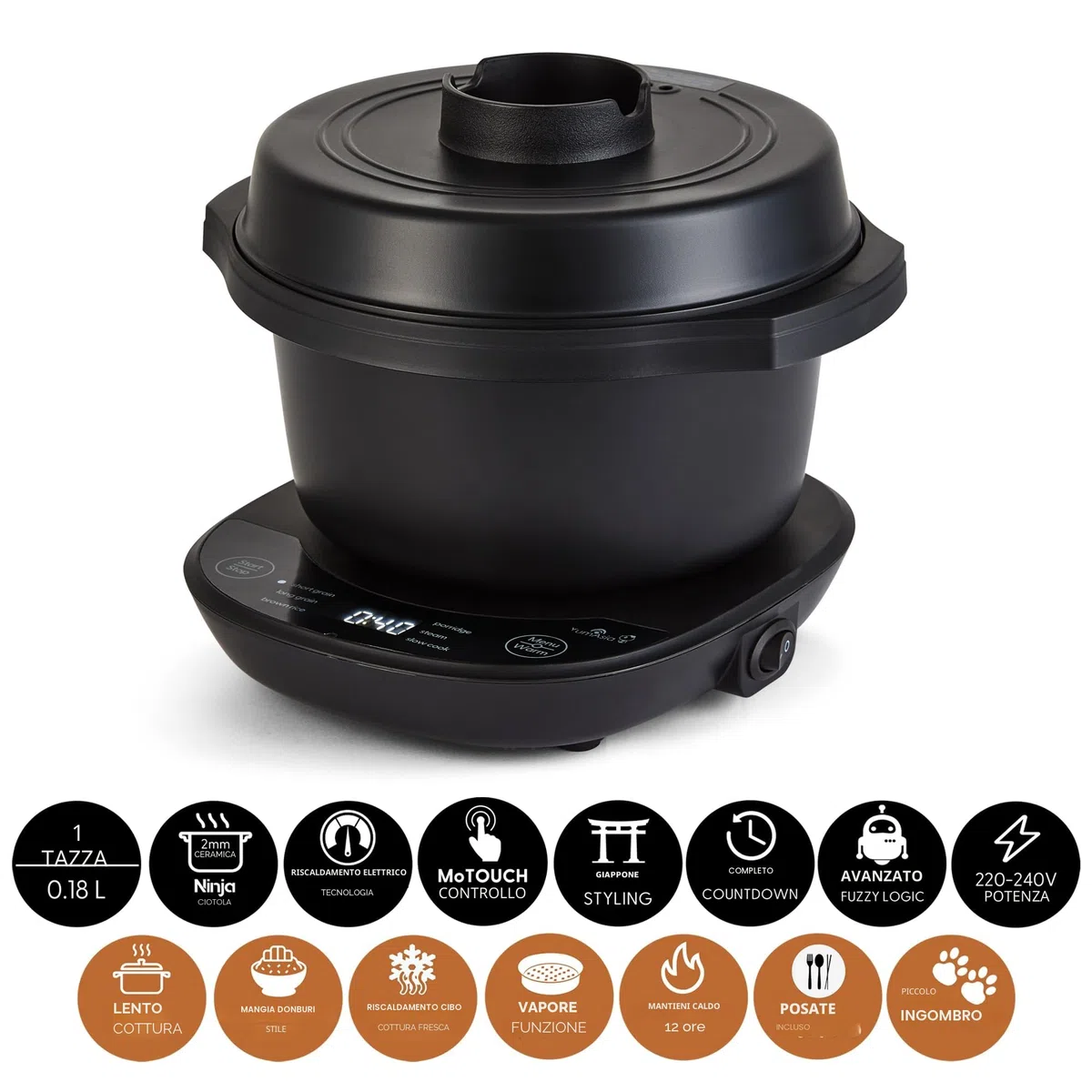 Yum Asia Kotori Mini cuociriso Donburi con logica fuzzy avanzata, ciotola in ceramica ninja (1 tazza, 0,18l), 3 funzioni di riso, 3 funzioni multicooker, indicatore LED, 220-240V (Antracite/nero)