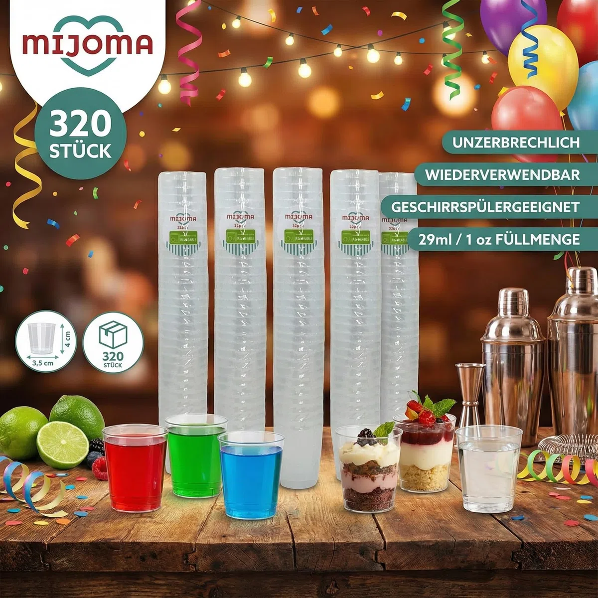 MIJOMA Bicchieri da liquore infrangibili in plastica, resistenti bicchierini per shot. Jello Shot, dessert, feste, matrimoni, compleanni, lavabili in lavastoviglie, riutilizzabili, 29 ml (trasparente,