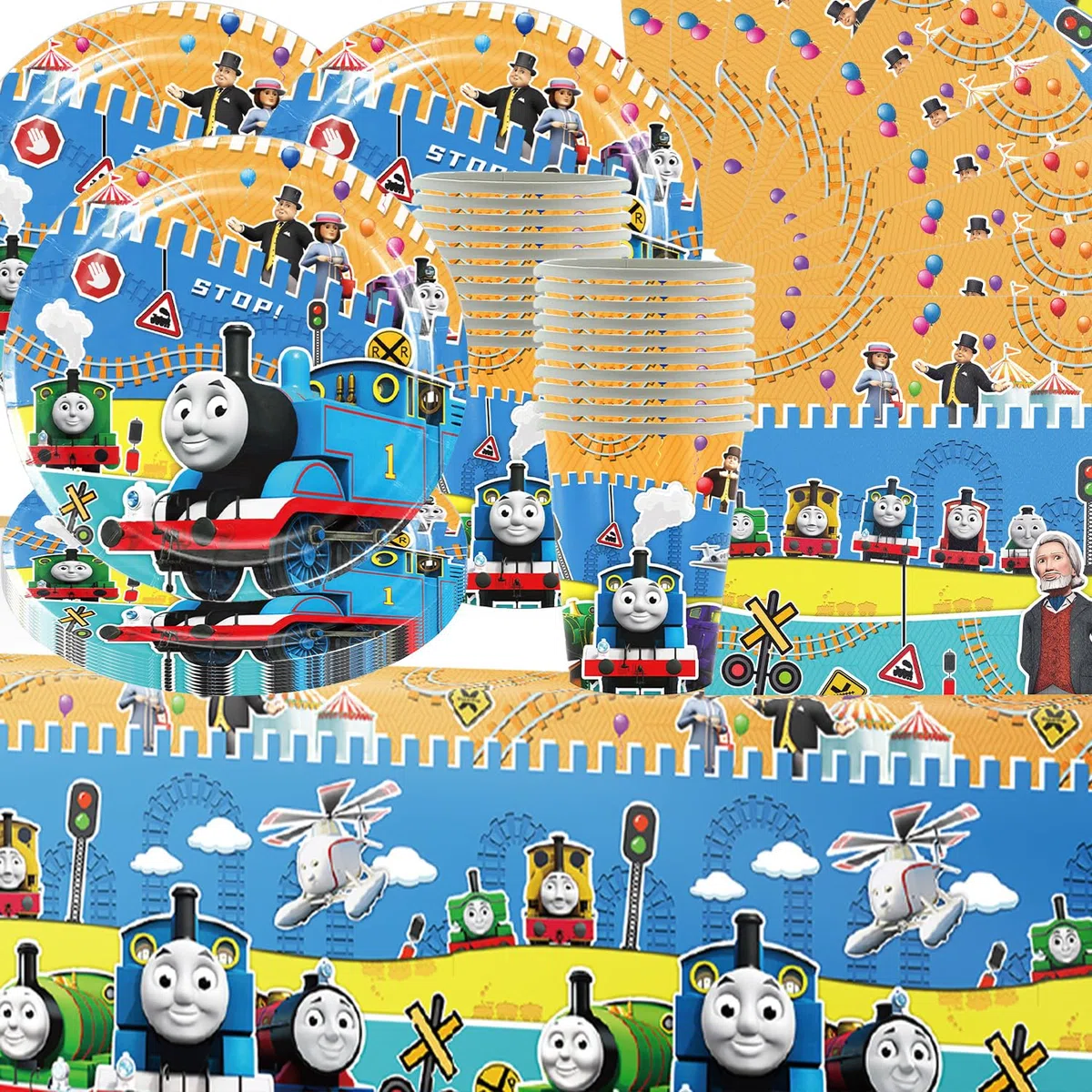 Set di 61 stoviglie Thomas per feste di compleanno per bambini, compresi piatti di carta, bicchieri, tovaglioli e tovaglie, adatte per 20 compleanni per bambini