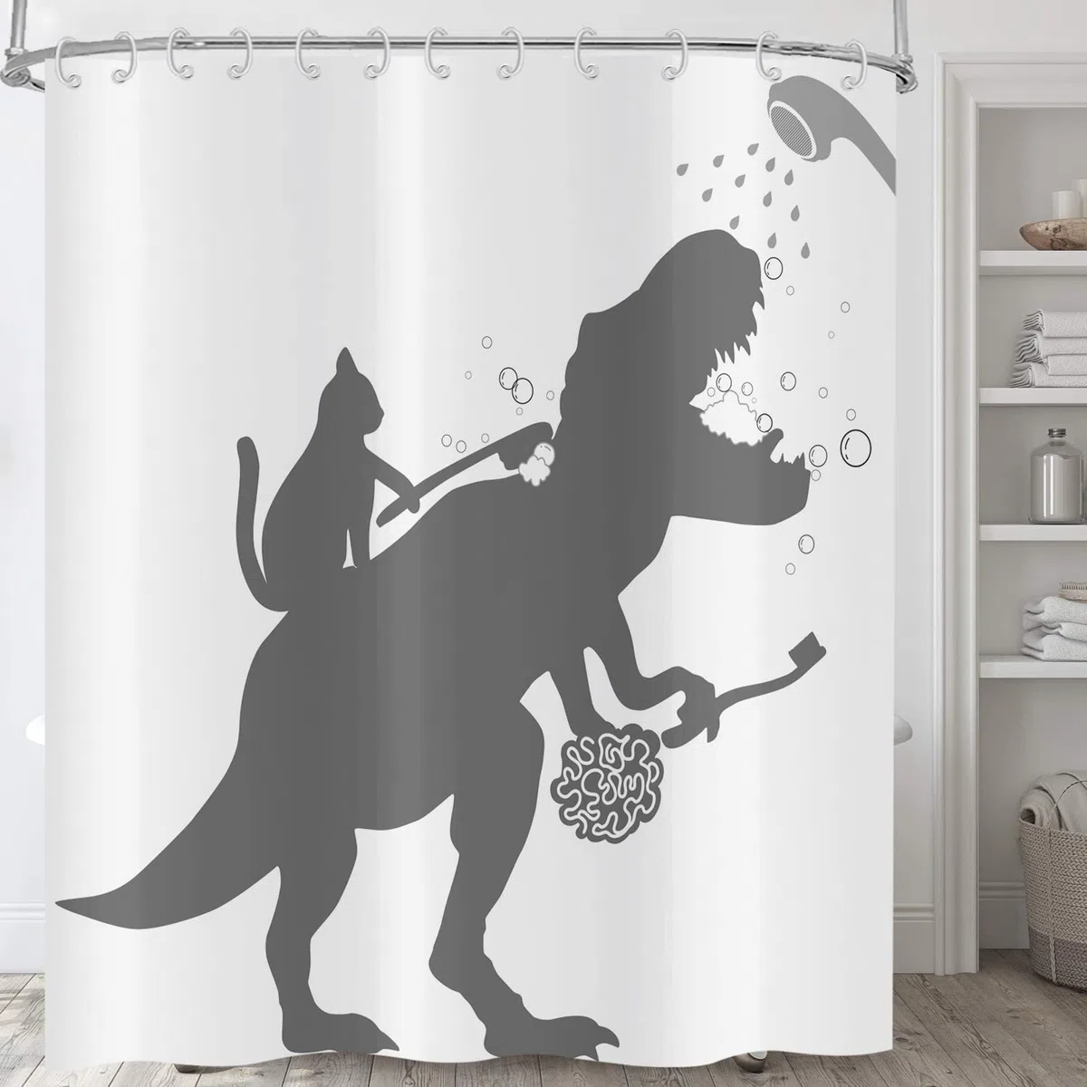 Tenda da doccia divertente 180 x 180 cm, semplicità divertente gatto dinosauro bianco lavabile tende da bagno in tessuto di poliestere impermeabile per vasca da bagno con 12 ganci