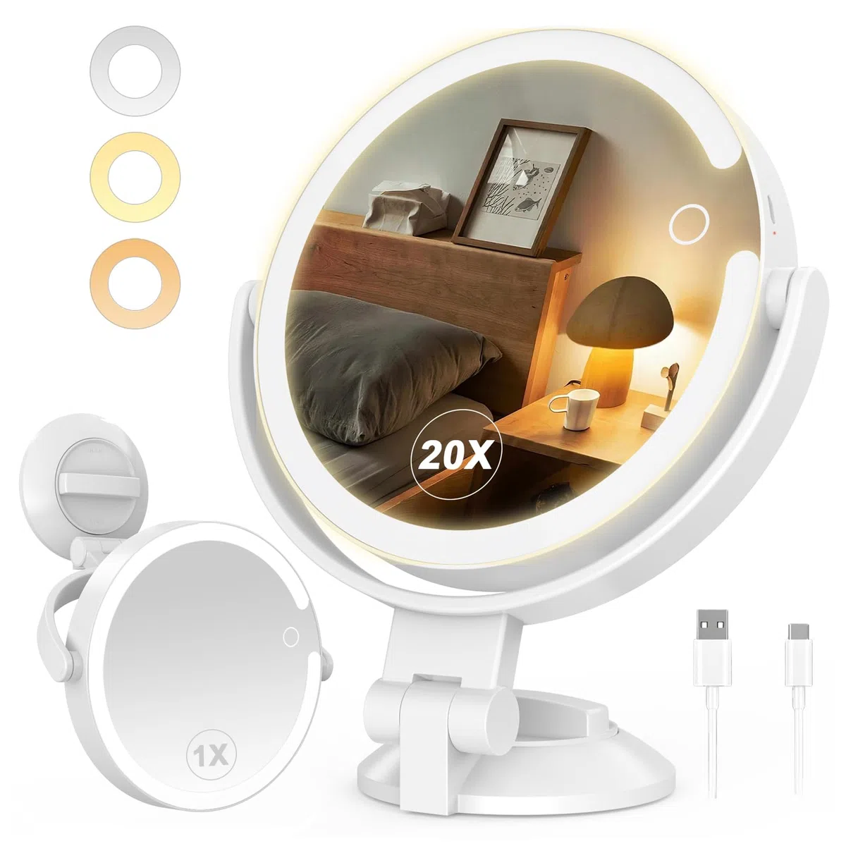 SURFOU Specchio Trucco Ingranditore 1/20X con Luce LED a 3 Colori - Ventosa Forte e Orientabile 360° - Luminosità Regolabile e Ricaricabile - per Maquillaggio Dettagliato, Bagno, Casa e Viaggio