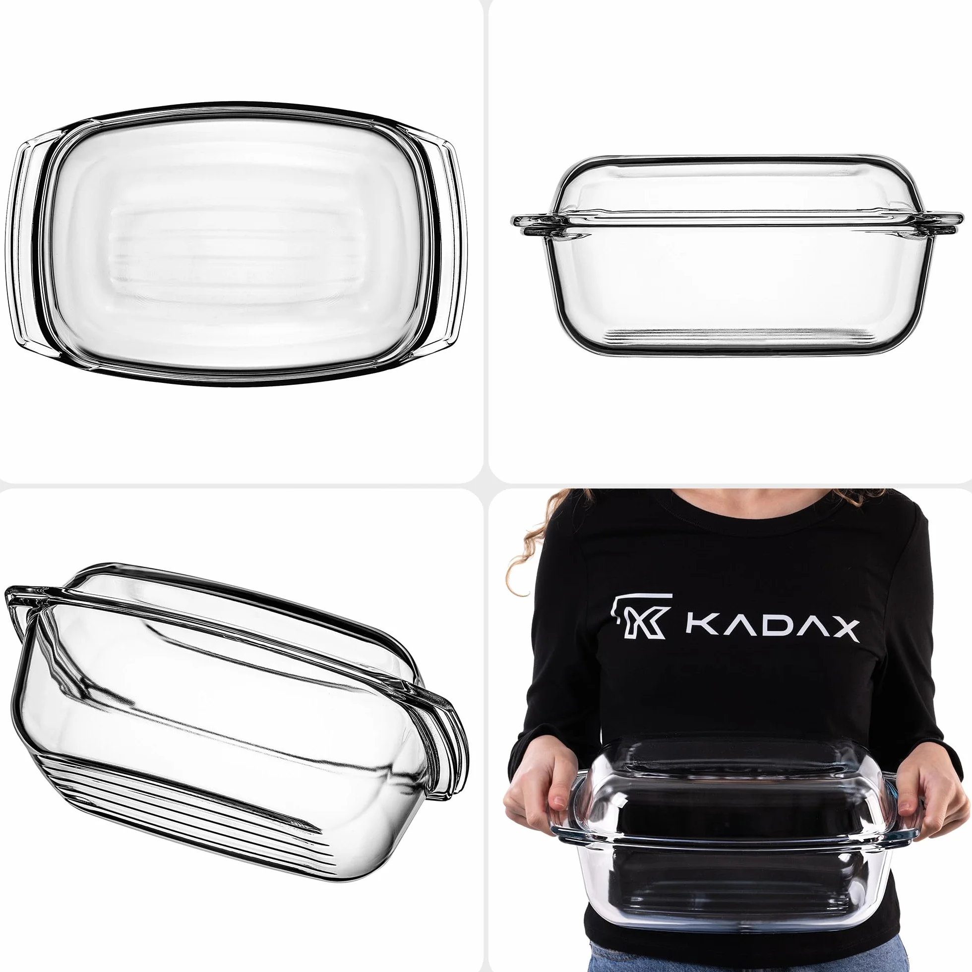 KADAX Pirofila in Vetro con Coperchio Resistente al Calore - Rettangolare - Cottura al Forno - Recipiente Ignifugo per Lasagne e Arrosti con Coperchio Protettivo su Misura
