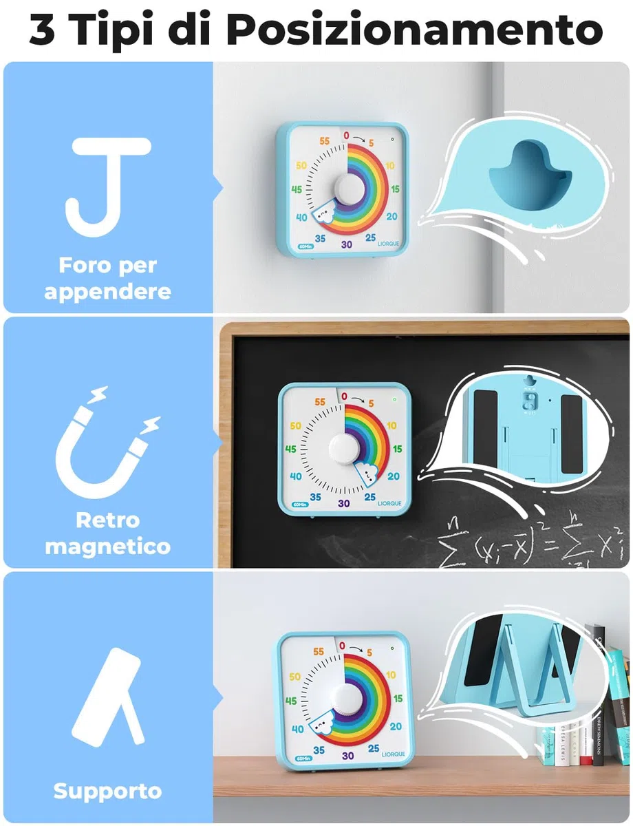 LIORQUE Timer Visivo da 19cm Timer per Aula Grande per Insegnanti, Timer per Bambini da 60 Minuti Senza Ticchettio con Retro Magnetico, 3 Livelli di Volume e Allarme Vibrante e Luminoso (Arcobaleno)