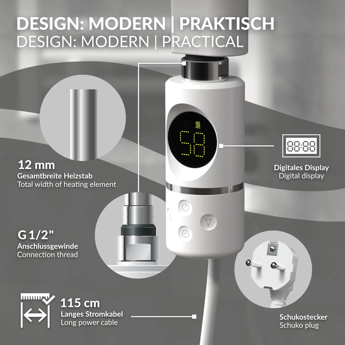 LuxeBath Resistenza Elettrica 300 W a Immersione Elemento di Riscaldamento per Calorifero Radiatore Termosifone con Termostato Controllo della Temperatura Bagno e Schermo LCD Design Moderno Bianco