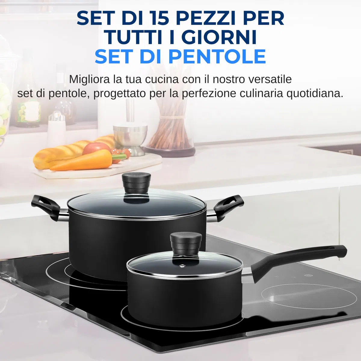 SereneLife Pentole e Padelle Set Cucina 15 Pezzi, Rivestimento Antiaderente Senza PFOA/PFOS, Smalto Resistente al Calore, Manici in Bachelite, Nero