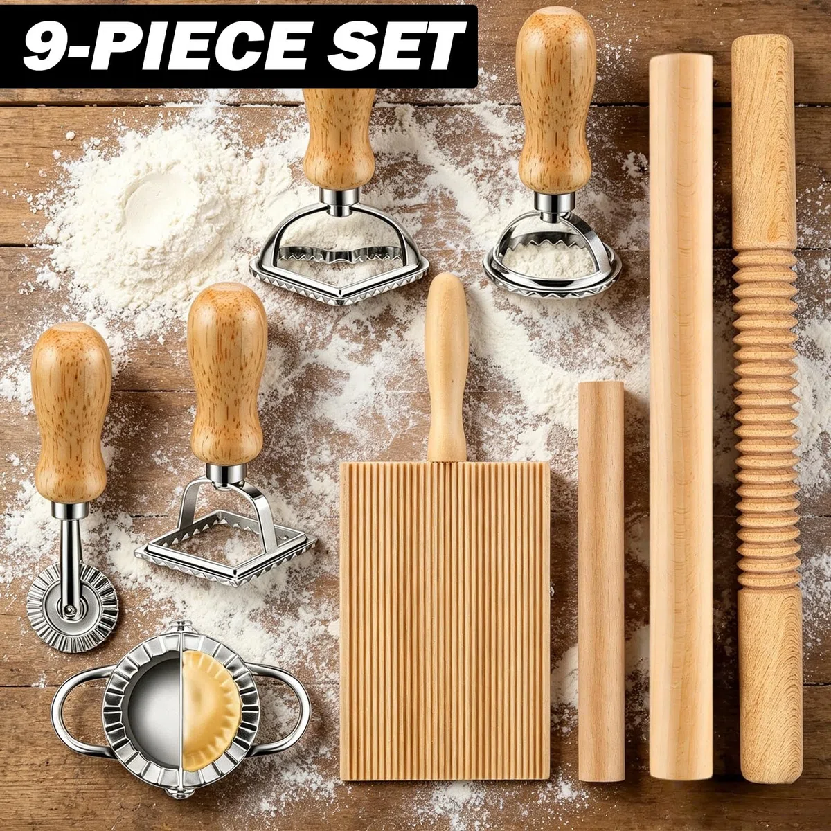 Set di 9 pezzi per la produzione di pasta, set di tagliapasta per ravioli, con tagliabri, tagliapaste, set di attrezzi per la produzione di pasta, per ravioli, per cucina e cottura