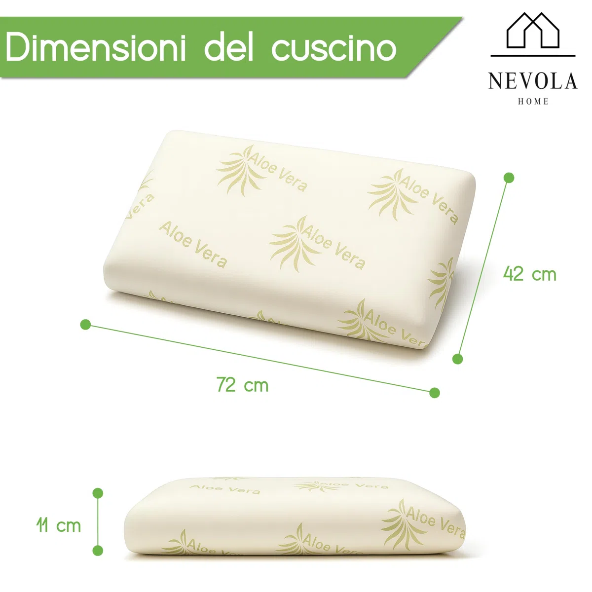 NEVOLA Cuscino Memory Foam Cervicale a Saponetta alto 11 cm - Cuscino per Dormire con Federa Lenitiva in Aloe Vera Rimovibile - Guanciale letto Made in Italy Antibatterico Certificato Oeko Tex