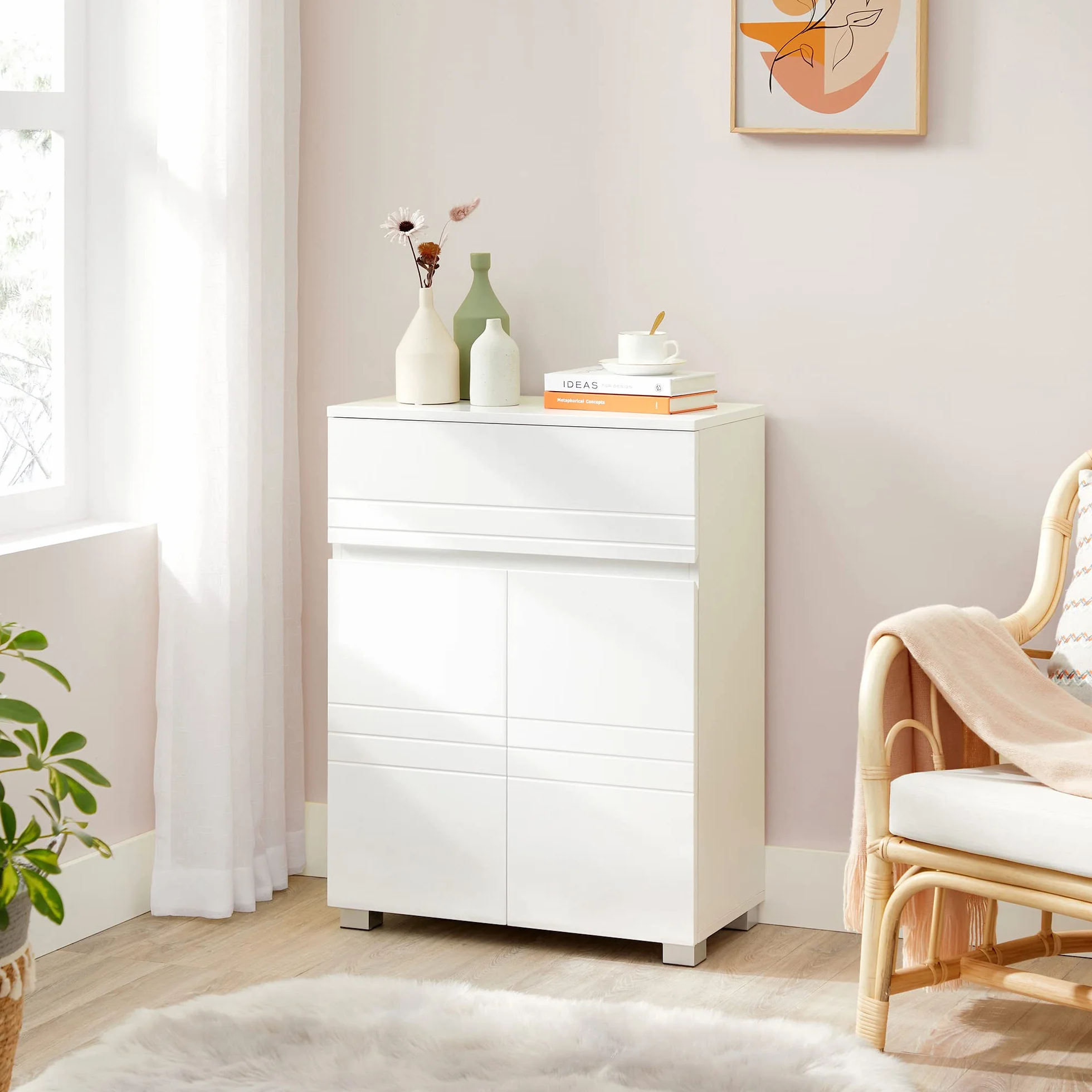 VASAGLE Armadietto da Bagno, Mobile da Bagno con Cassetto e Doppia Anta, Ripiano Regolabile, Mobiletto Multiuso per Corridoio Ingresso, 60 x 30 x 80 cm, Bianco BBK140W01