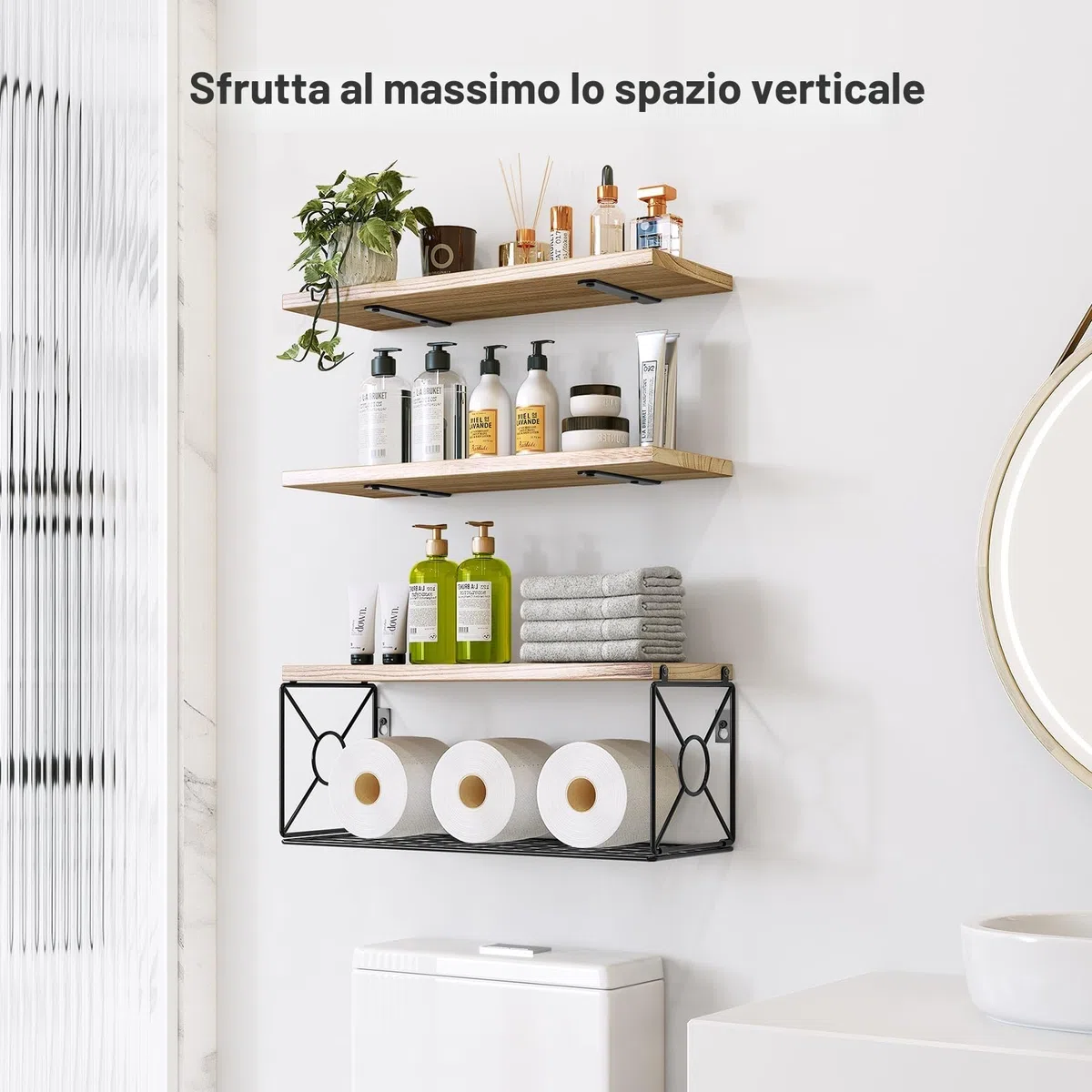 Pipishell Mensole da parete, in legno di paulonia, set di 3 + 1 mensole in legno, per camera da letto, bagno, soggiorno, cucina, ufficio, lavanderia (rustico)